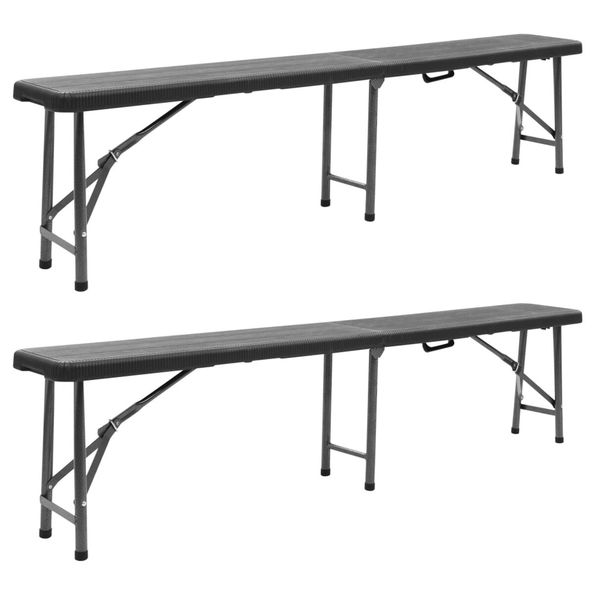 Zwei schwarze Bänke mit Metallbeinen. Sie sind lang und haben Griffe.
