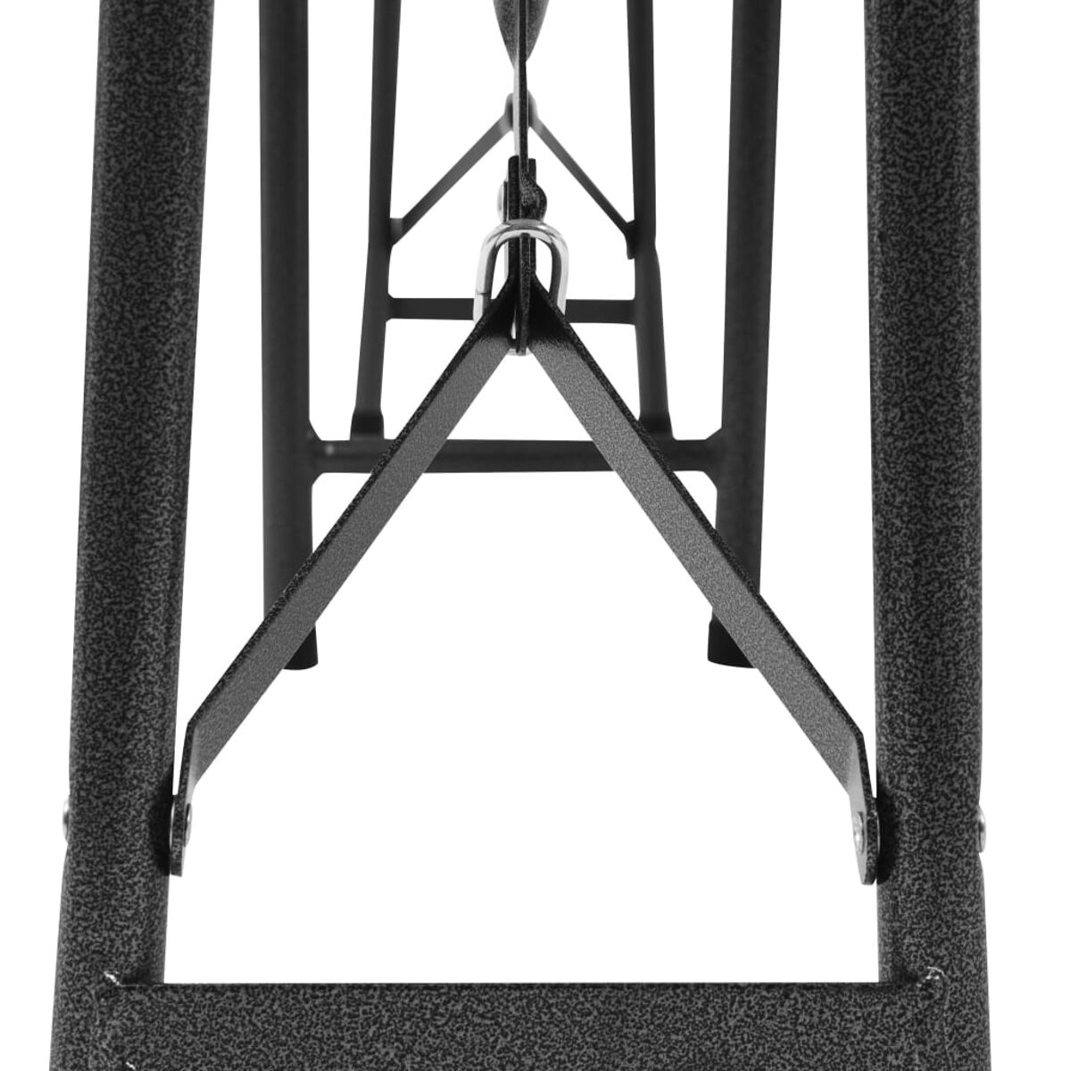 Nahaufnahme eines schwarzen Metalltischrahmens. Die Beine und Stützen sind sichtbar.