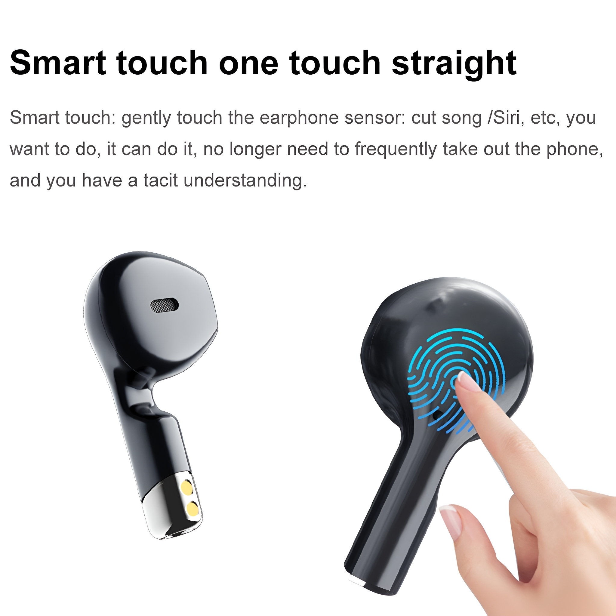 Schwarze kabellose Ohrhörer, eines mit Fingertouch-Grafik. Fingerdrücken. Weißer Hintergrund.