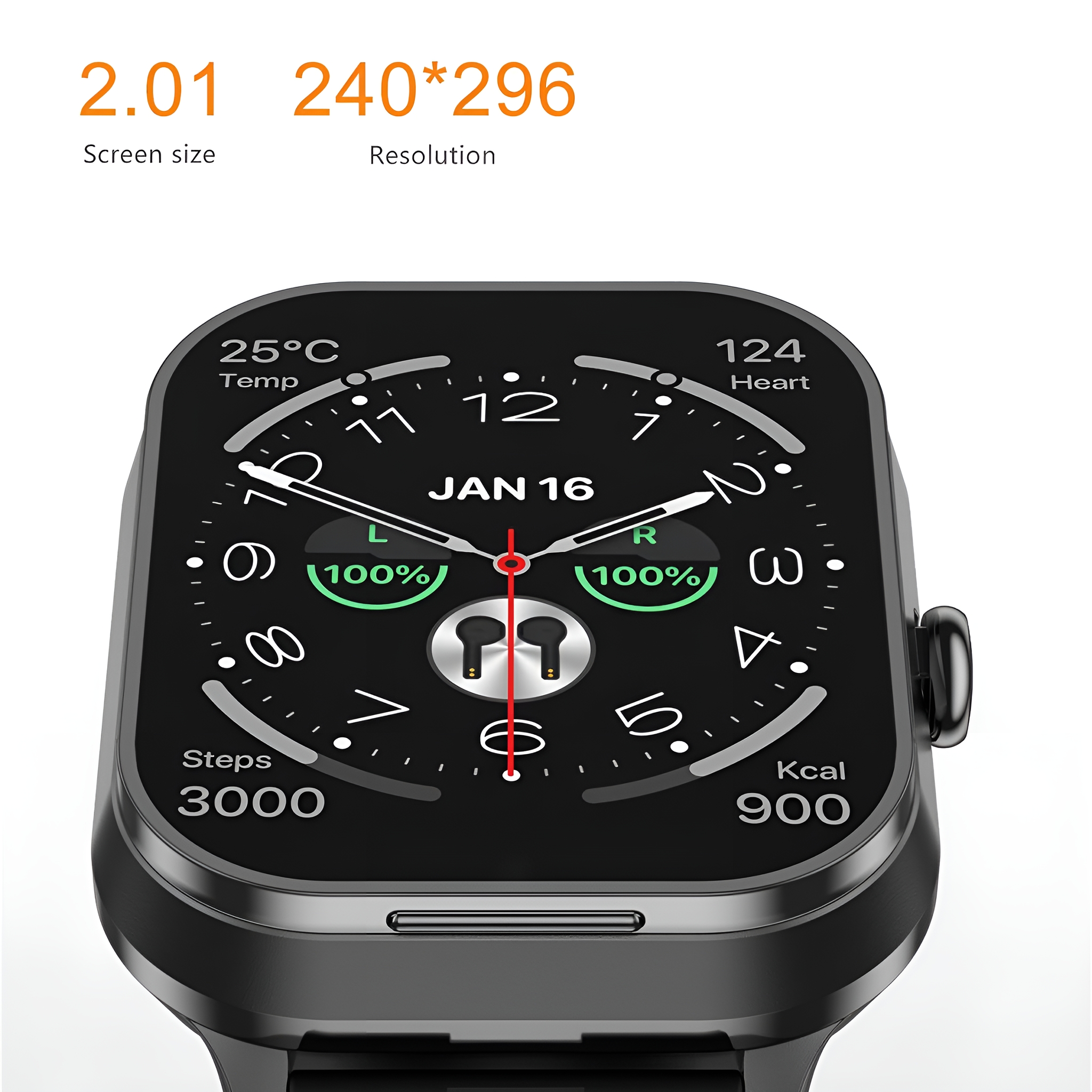 Smartwatch mit Zeit, Herzfrequenz und Fitnessdaten.