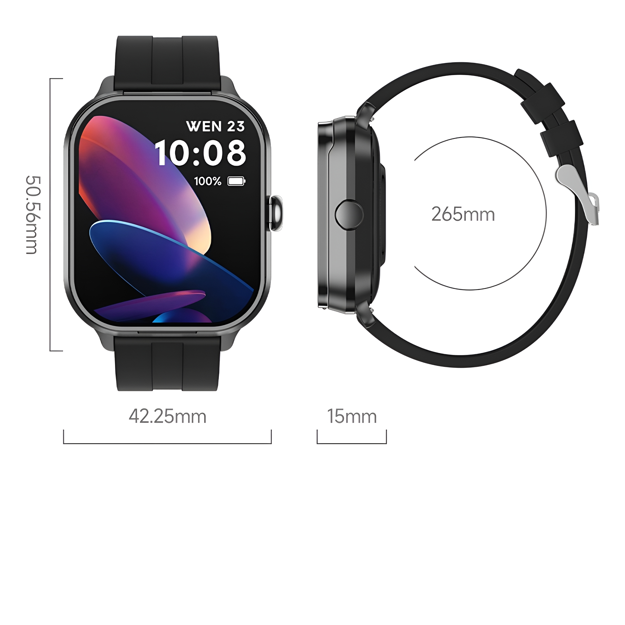 Smartwatch mit schwarzem Armband, zeigt Zeit und Akkustand. Seitenansicht mit Maßen.