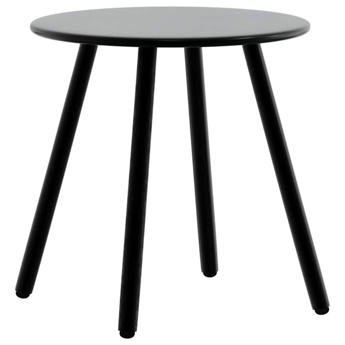 Tavolino rotondo nero con tre gambe, sfondo bianco.