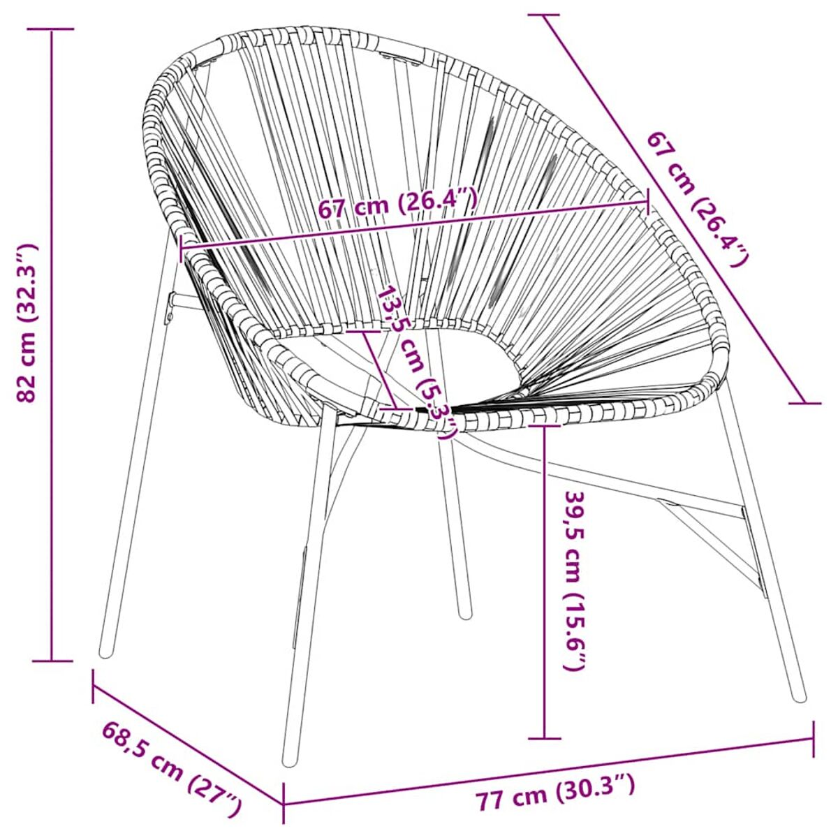 Sedia intrecciata con dimensioni, struttura in metallo e dimensioni mostrate.