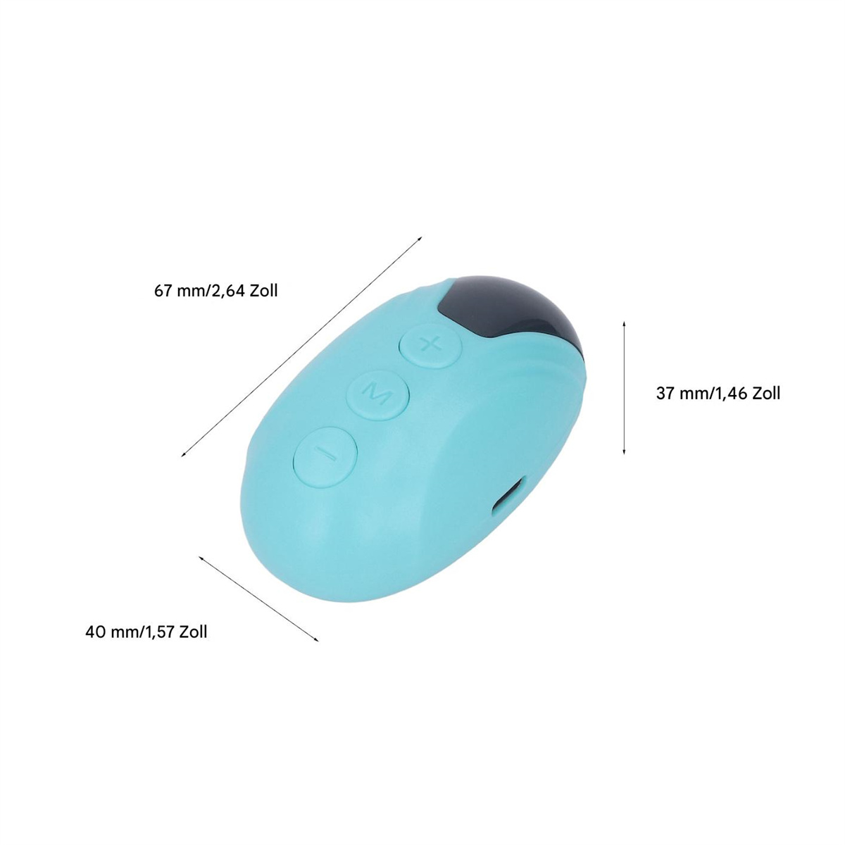 Eine blaue, ovale Fernbedienung mit 3 Knöpfen und umlaufenden Maßen.