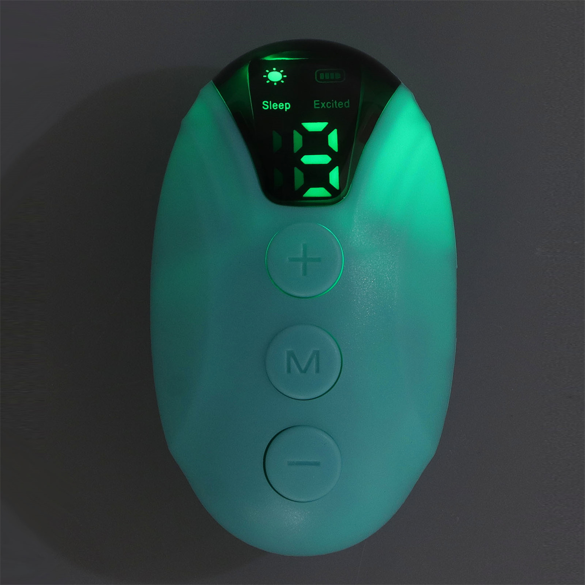 Ein kleines, teal-farbenes Gerät mit Knöpfen und Digitalanzeige.