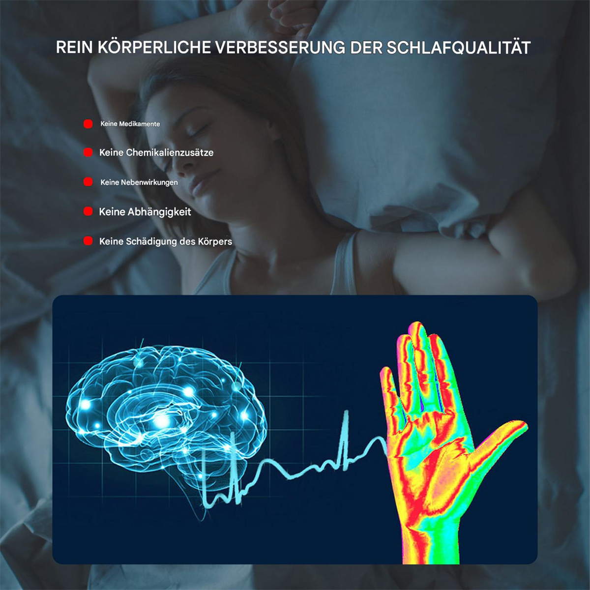 Bild zur Verbesserung der Schlafqualität. Es zeigt eine schlafende Frau, ein Gehirnbild und eine Hand.
