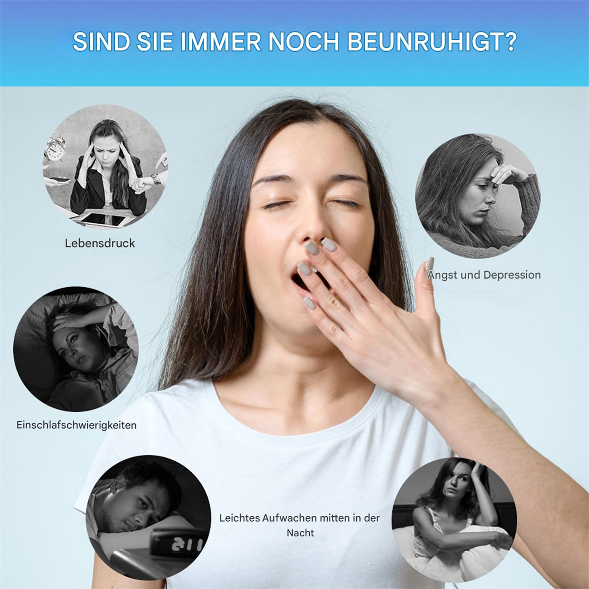 Eine Frau gähnt, Bilder von Stress und Schlafproblemen sind um sie herum.