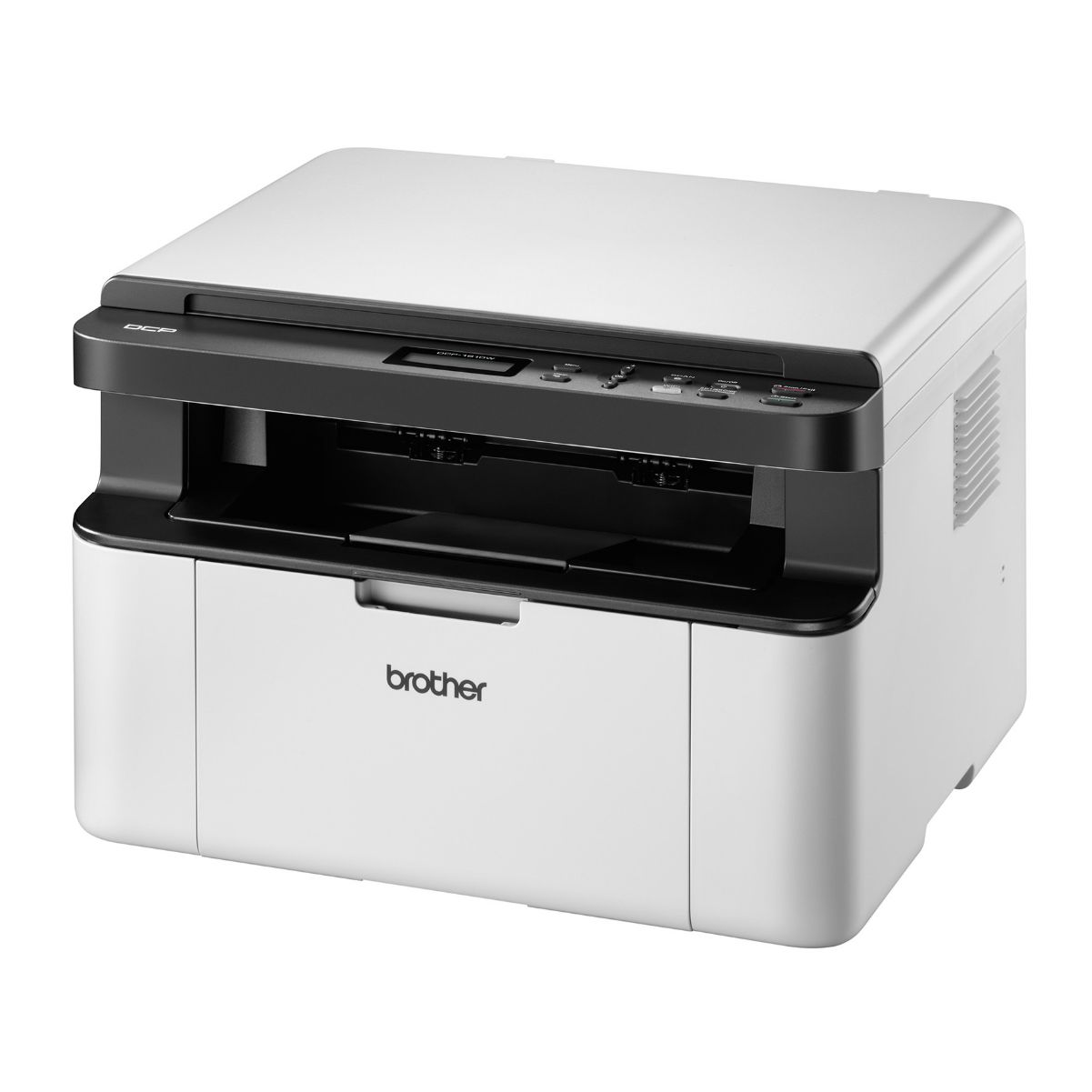 Impresora láser Brother, blanco y negro, con bandeja de papel visible.