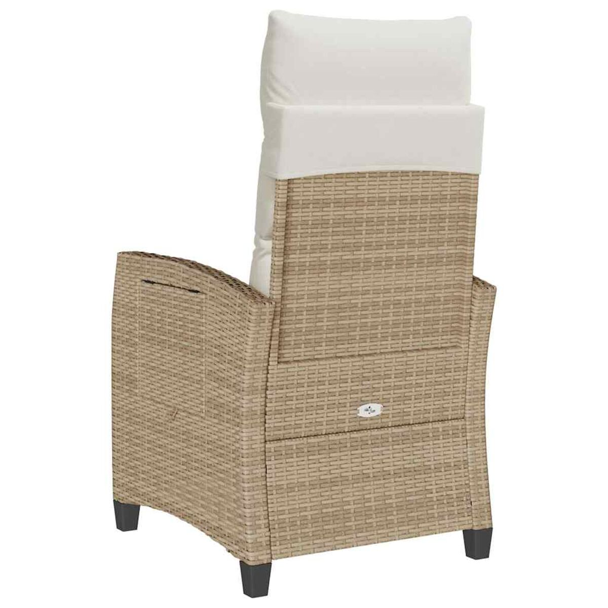 Poltrona reclinabile in rattan beige con poggiatesta bianco. Vista posteriore, gambe nere e leva.