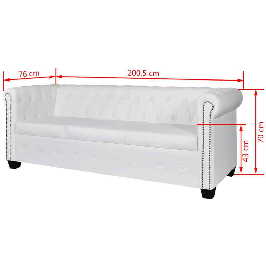 Weißes Ledersofa mit drei Kissen und Maßen: 200,5cm lang, 70cm hoch, 76cm breit.