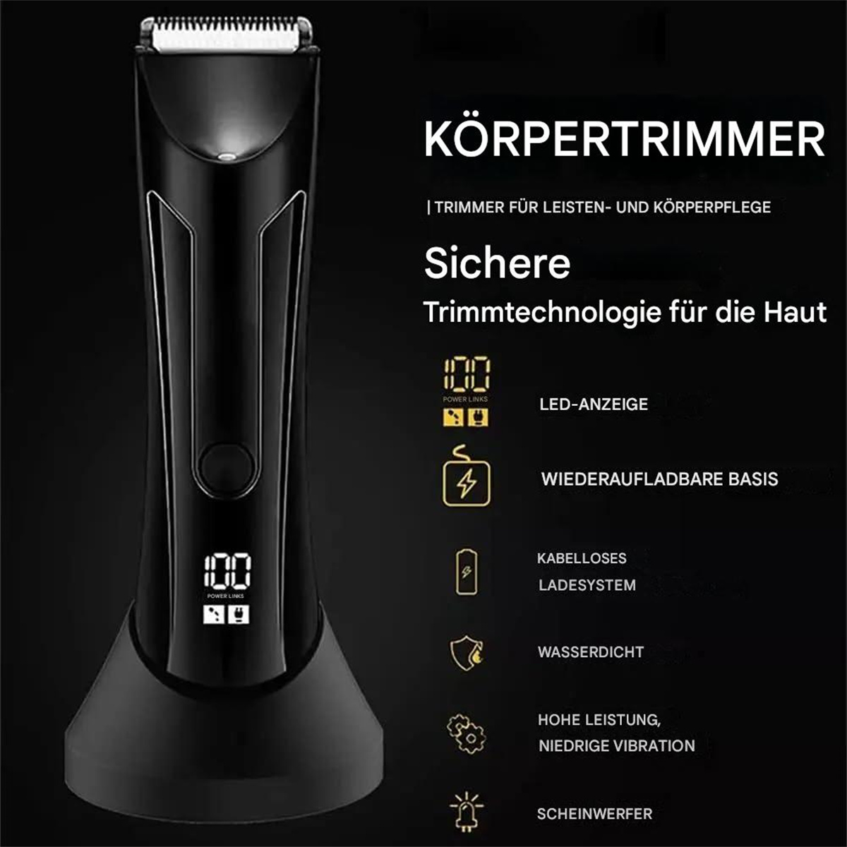 Schwarzer Bodygroomer auf einem Ständer, mit Text, der Merkmale beschreibt: LED-Anzeige, wasserdicht, wiederaufladbare Basis.