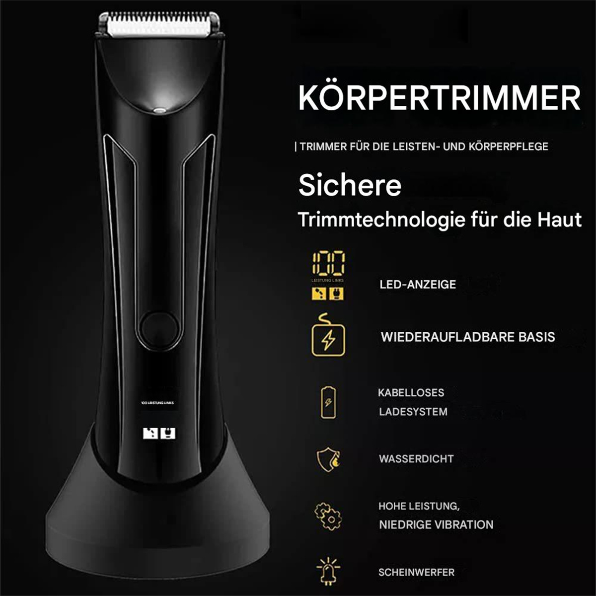 Ein schwarzer Body-Trimmer mit Ladestation. Der Text ist auf Deutsch. Symbole begleiten Beschreibungen.