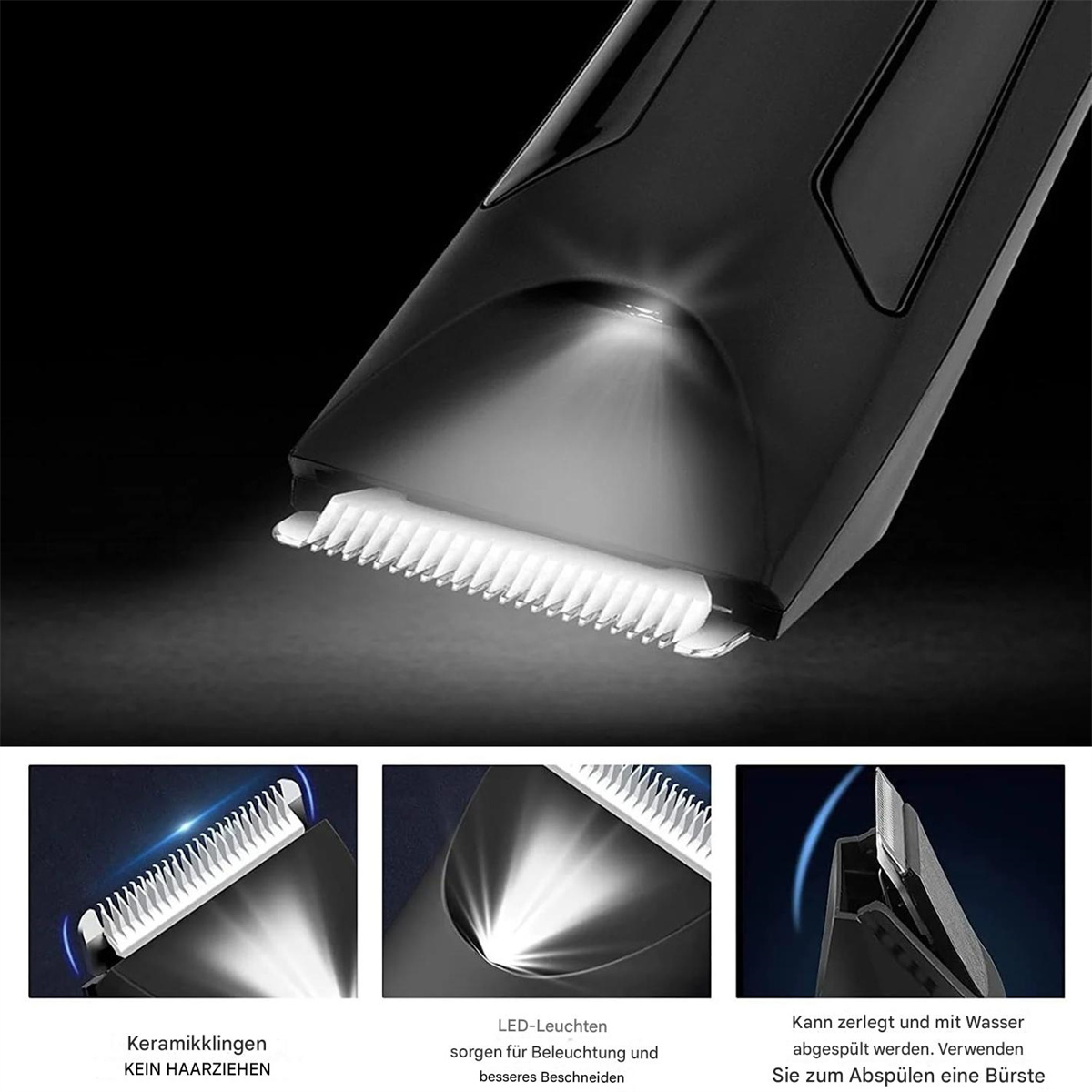 Nahaufnahme eines schwarzen Haarschneiders mit LED-Leuchten und Keramikklingen.