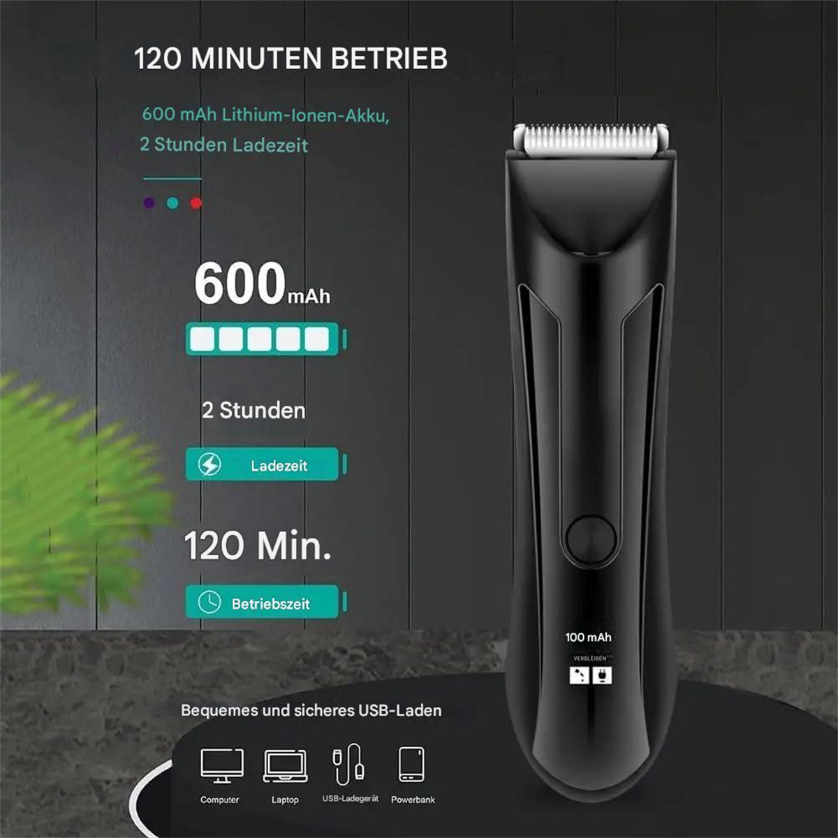 Ein schwarzer elektrischer Trimmer mit Details zu Akkulaufzeit und Ladezeit.