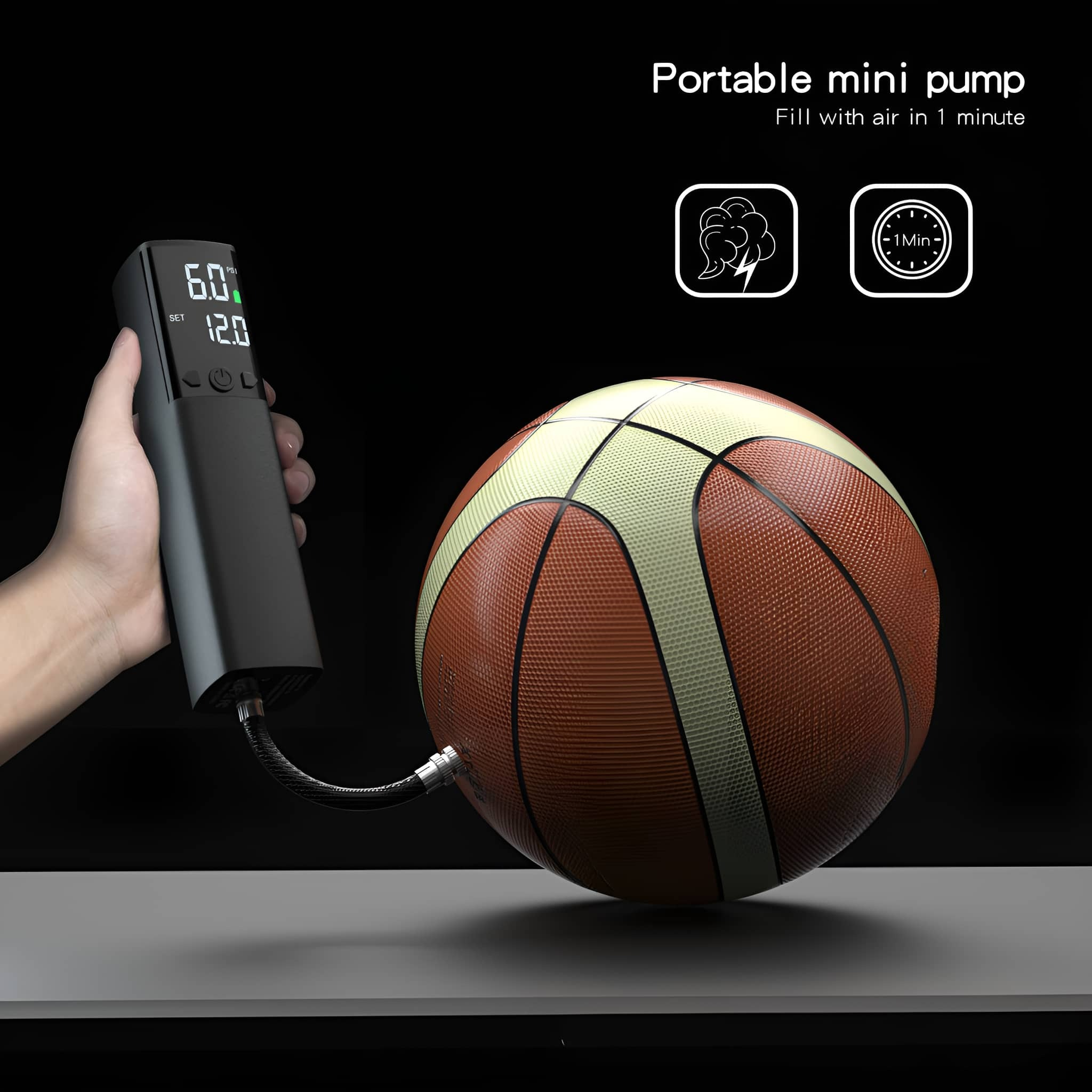 Tragbare Minipumpe, die einen Basketball aufpumpt. Das Pumpendisplay zeigt Einstellungen.