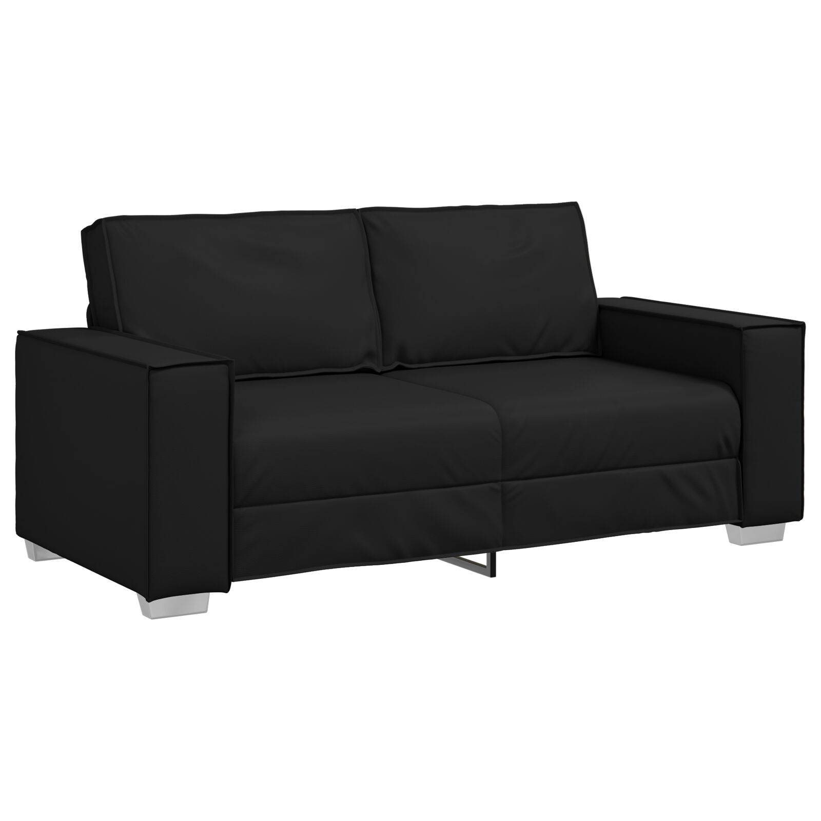 Schwarzes Zweisitzer-Sofa. Quadratische Form, silberne Beine. Weißer Hintergrund.