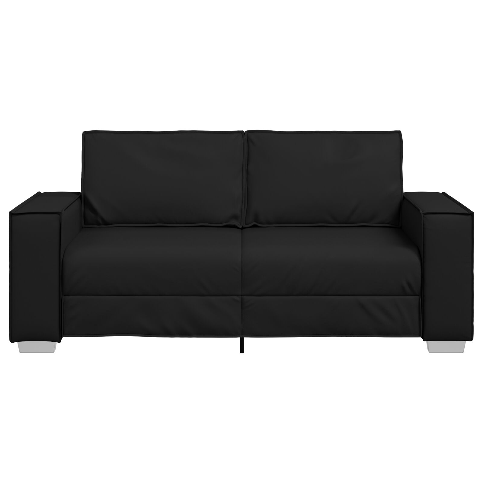 Schwarzes Sofa auf weißem Hintergrund. Zweisitziges Sofa mit schwarzem Bezug und silbernen Beinen.