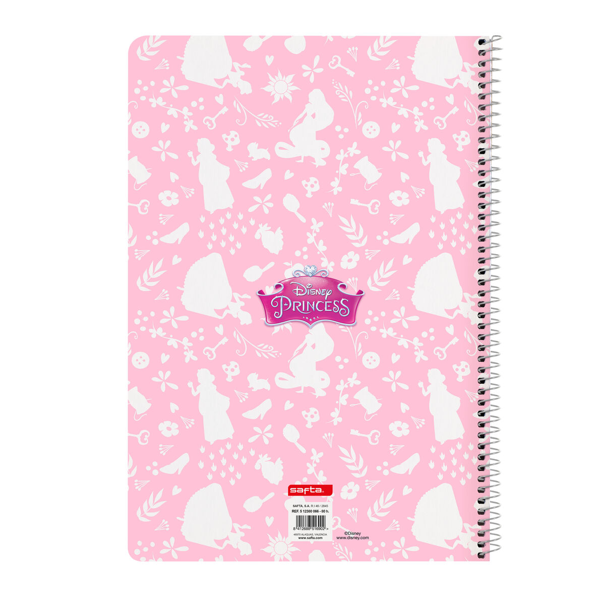 Rosa Disney Princess Spiralnotizbuch mit Prinzessinnen-Silhouetten und floralen Mustern.