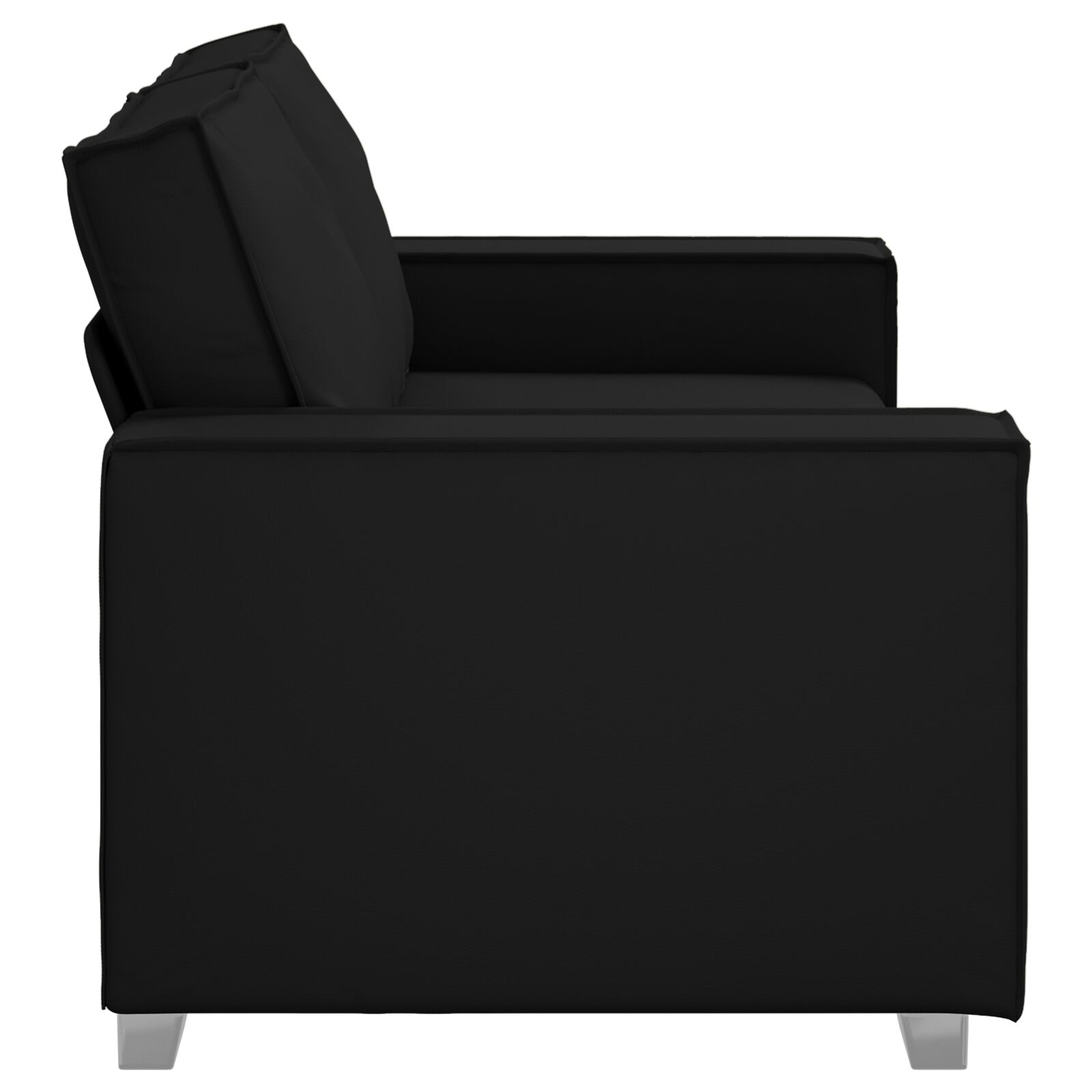Schwarzes Sofa mit hoher Rückenlehne, Seitenansicht, auf weißem Hintergrund.