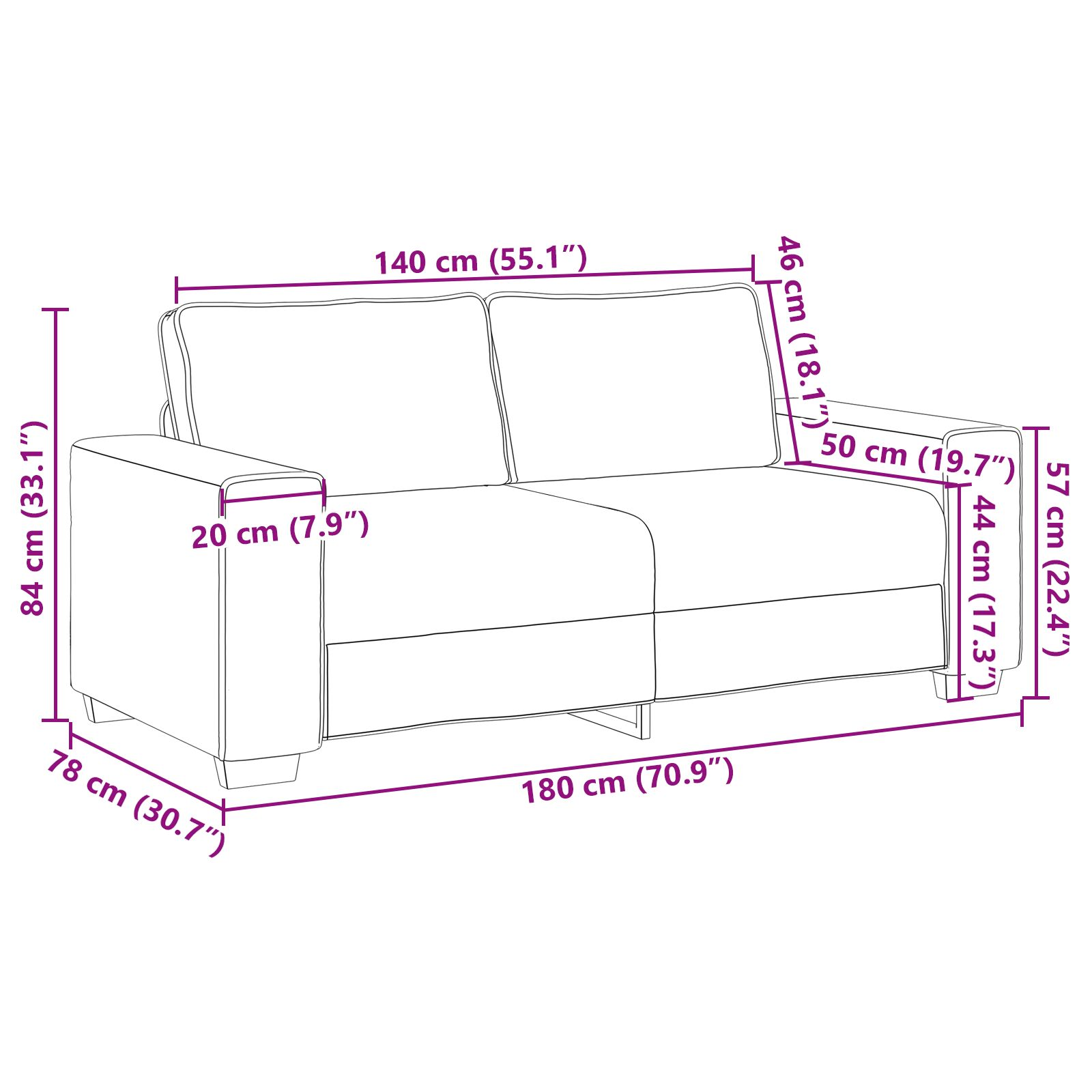 Diagramm eines Zweisitzer-Sofas mit Maßen in cm und Zoll.
