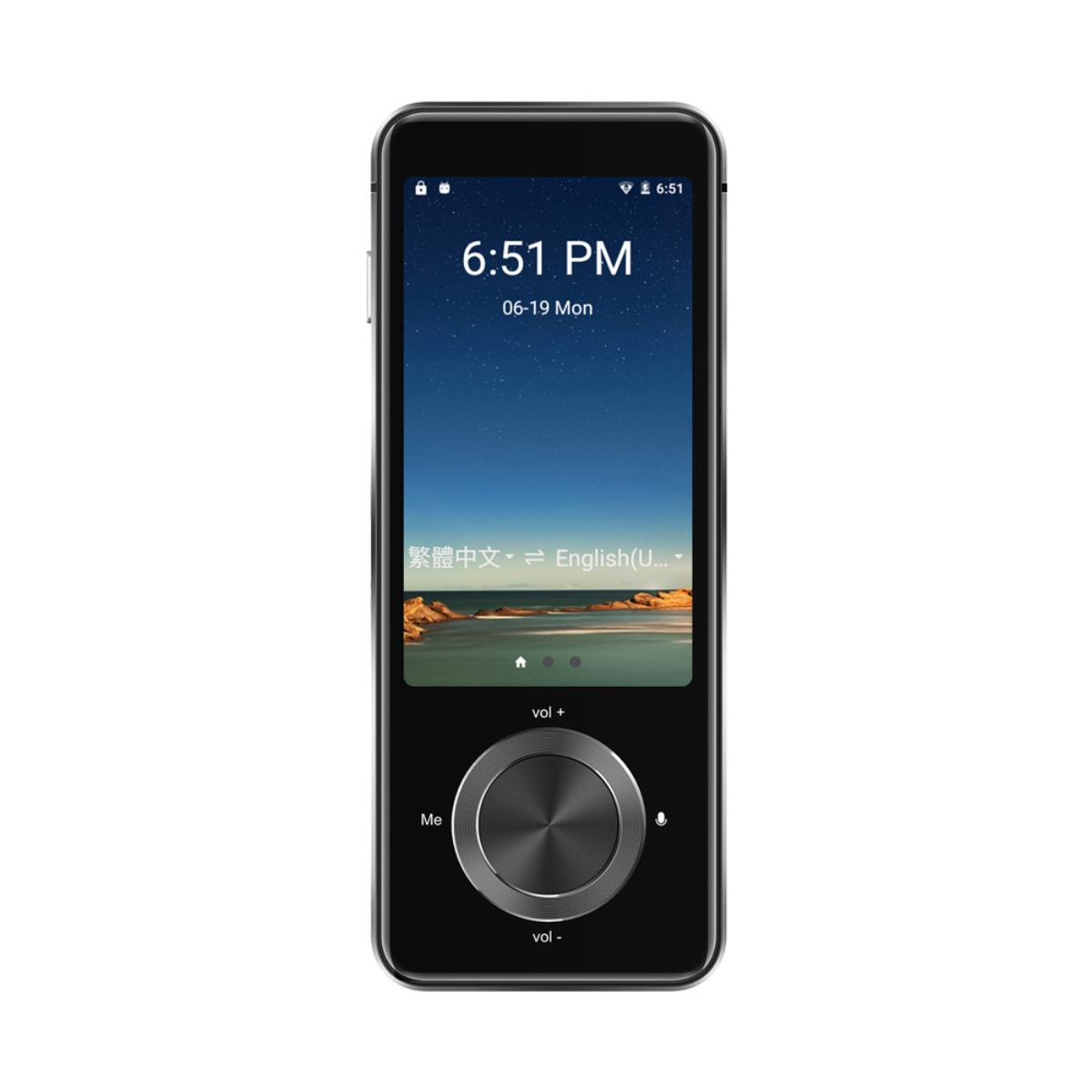 Ein schwarzes Smartphone zeigt Uhrzeit und Sprachoptionen. Es hat einen großen Drehregler und Seitentasten.