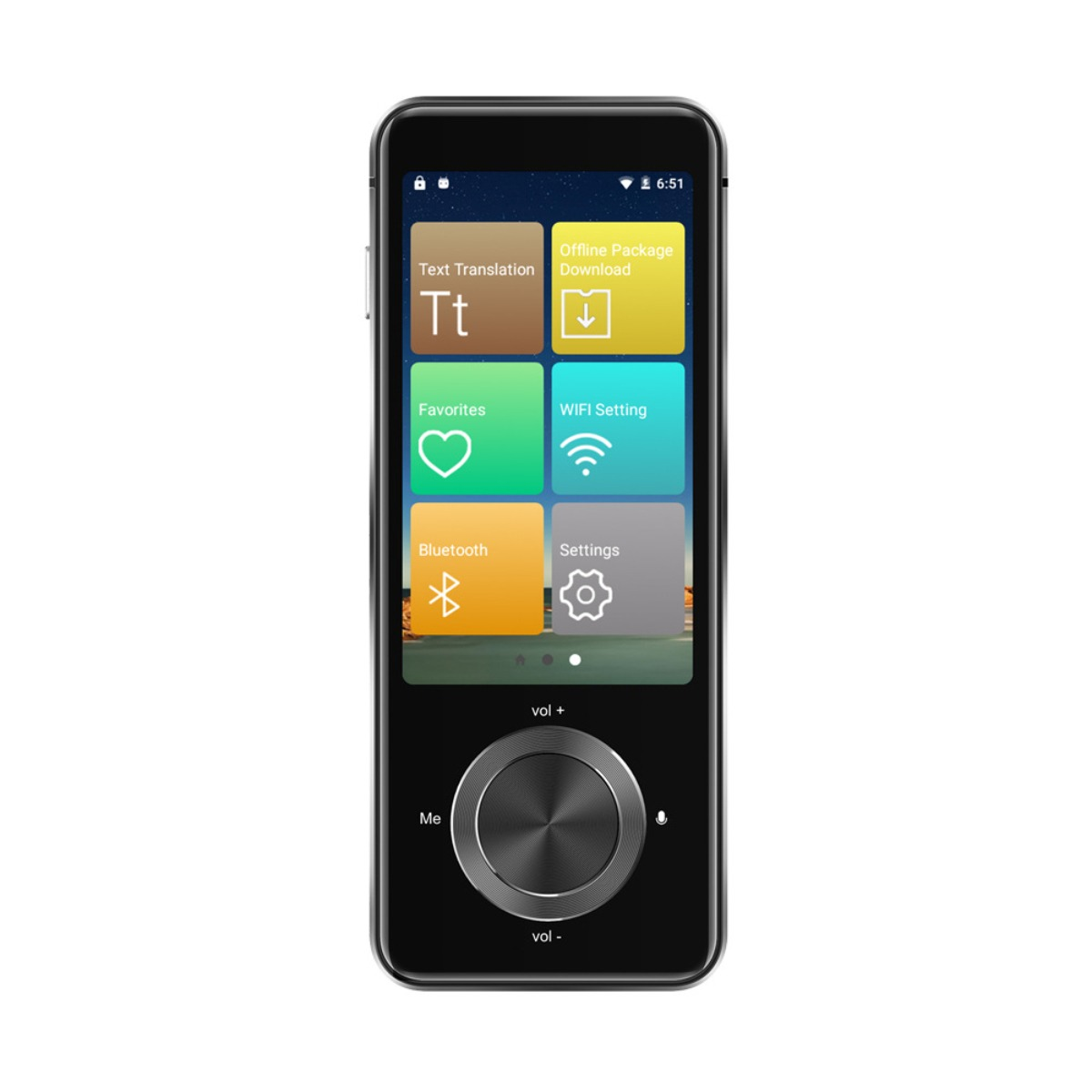 Schwarzes Smartphone mit Symbolen auf dem Bildschirm. Lautstärkenregler. Textübersetzung, WLAN, Bluetooth usw.