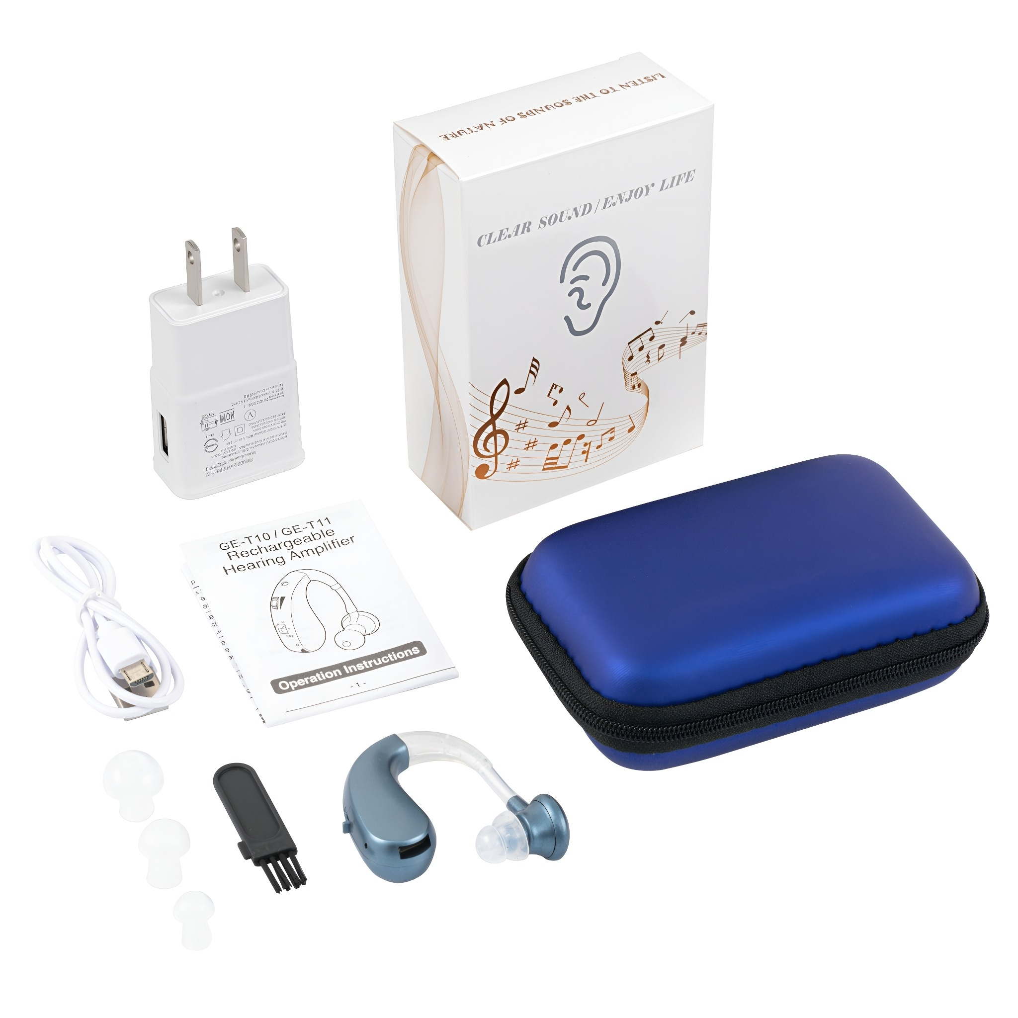 Hörgeräte-Set mit Ladegerät, Gerät, Zubehör und Box mit Text.