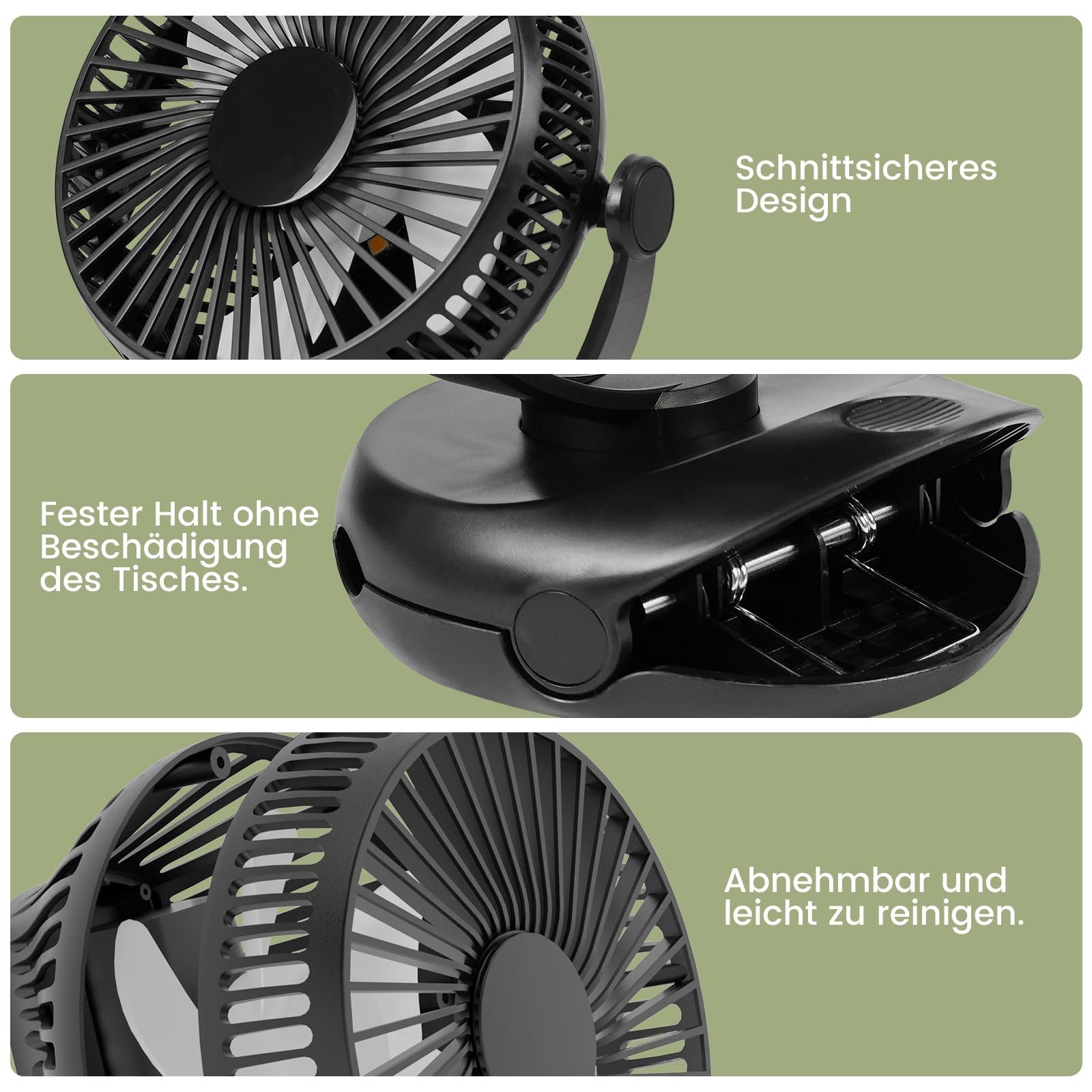 Czarny wentylator z bezpieczną konstrukcją i łatwym czyszczeniem. Odpinany i zapewnia stabilne umieszczenie.