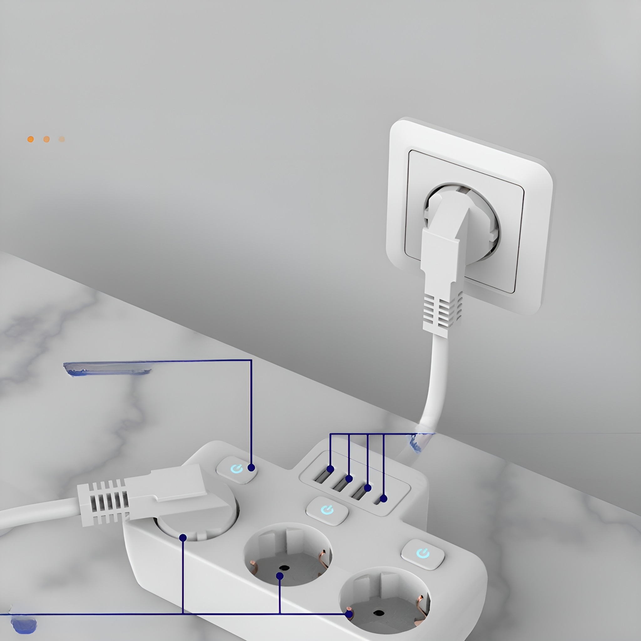 Weiße Steckdosenleiste mit Steckdosen, Stecker und blauen Lichtern.