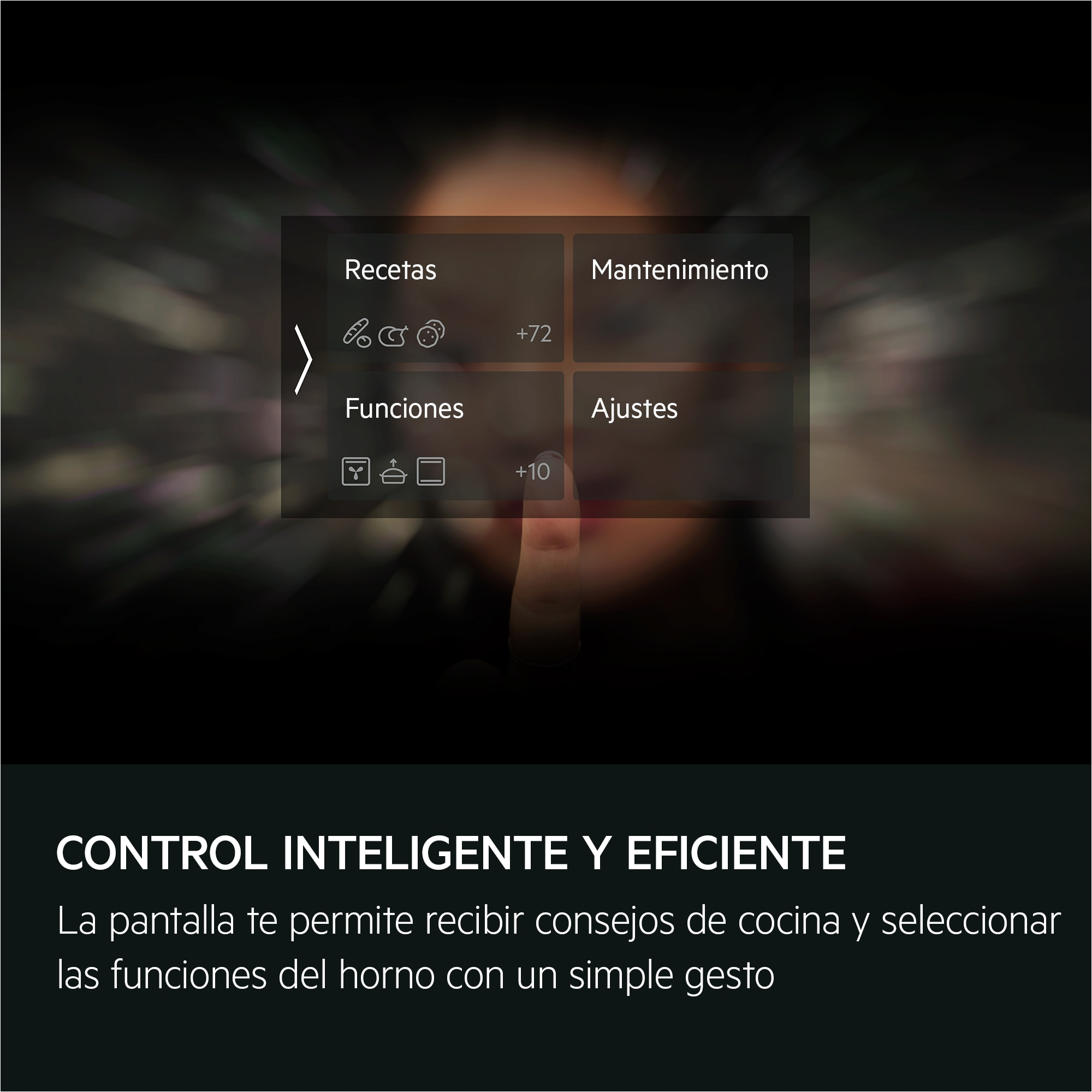 Uno schermo che mostra le opzioni del menu per un elettrodomestico da cucina. Un dito punta allo schermo.
