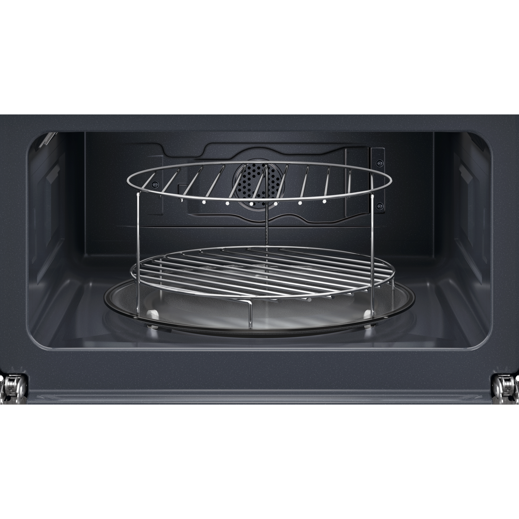 Interno di un forno a microonde nero, con una griglia metallica e un piatto di vetro.