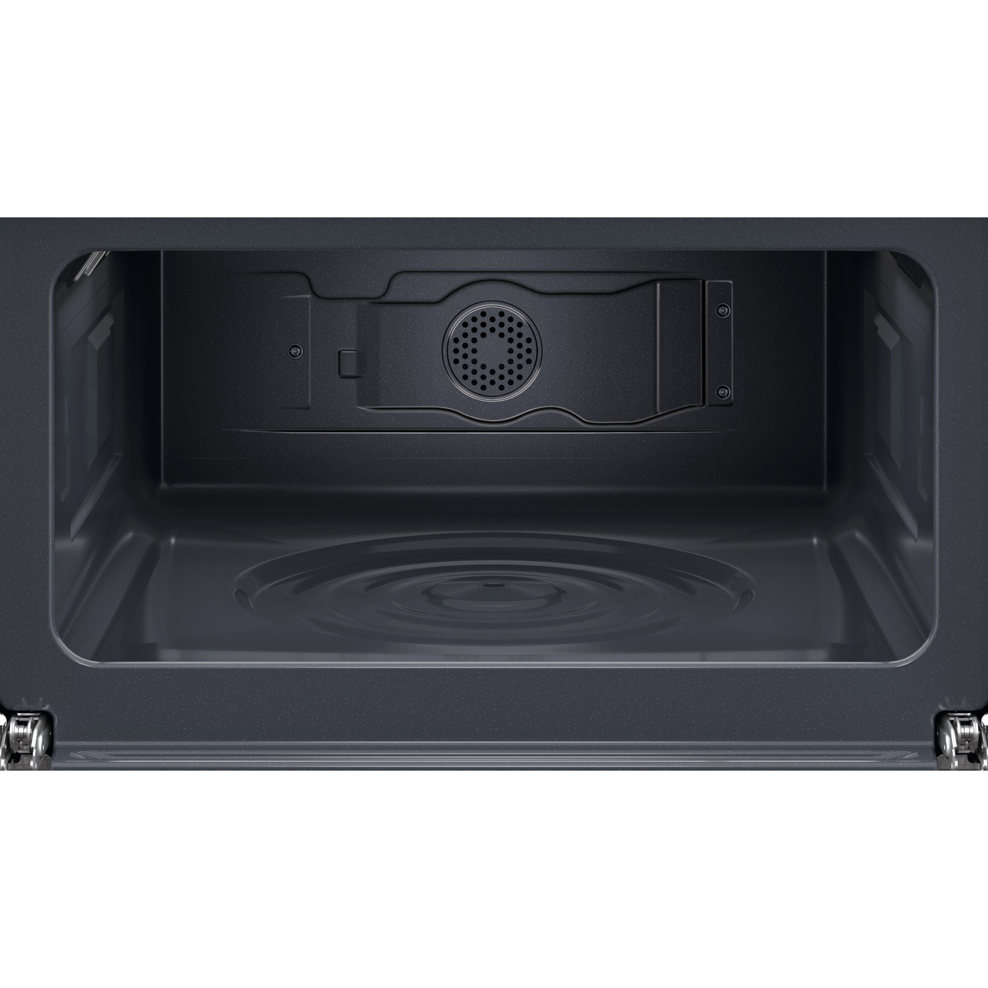 Interno di un forno a microonde nero. Mostra l'interno vuoto e i componenti di ventilazione.