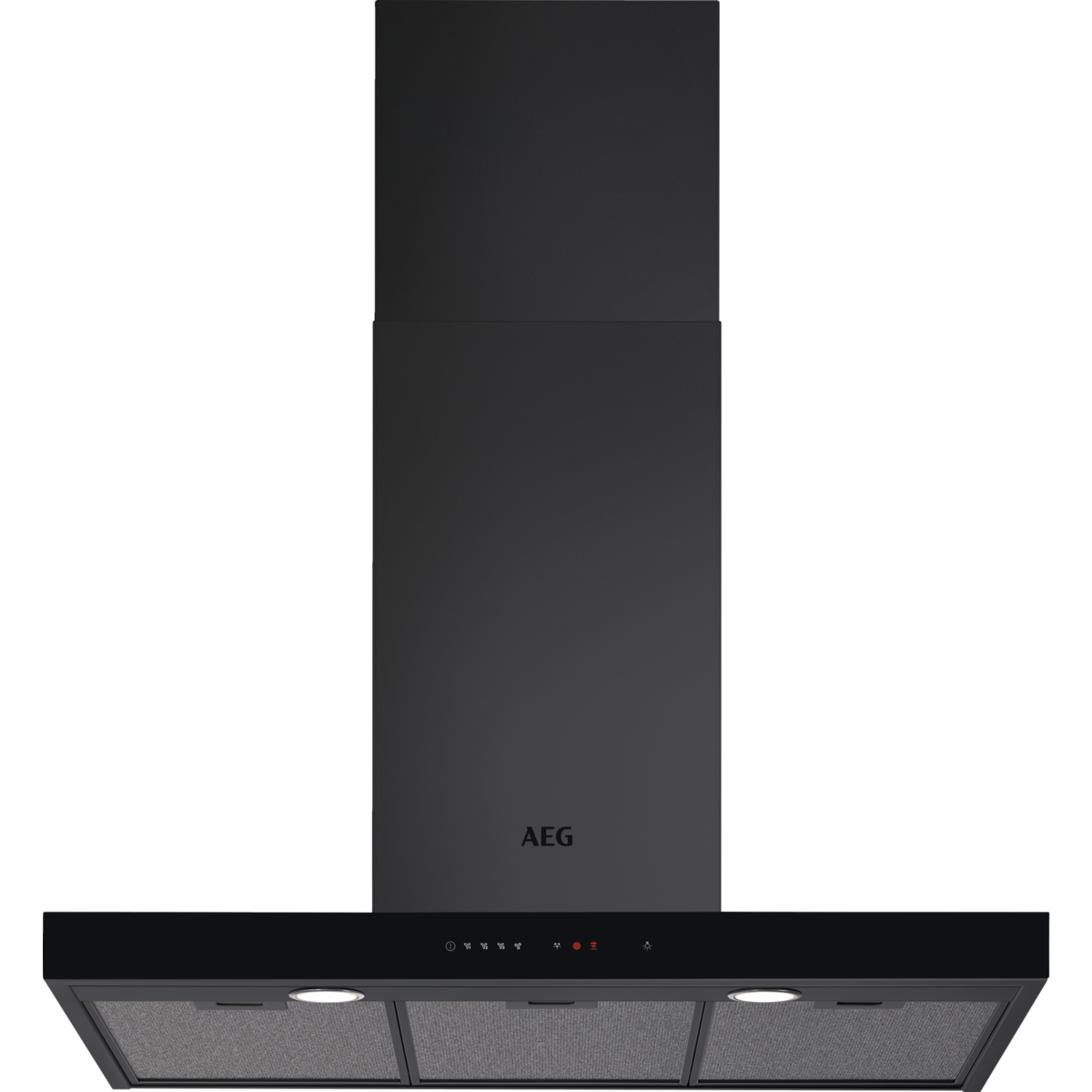 Campana extractora negra con el logotipo de AEG y panel de control.