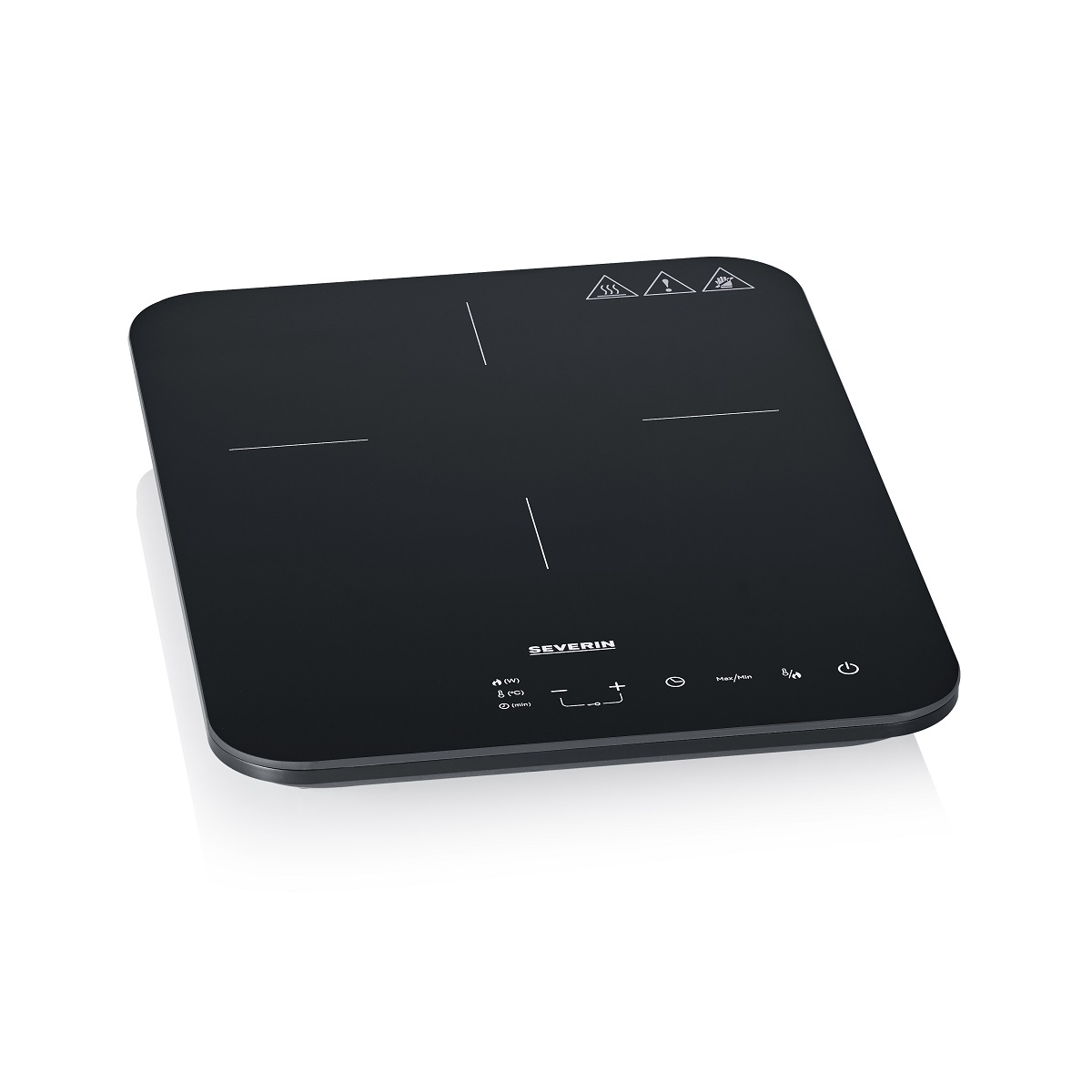 Czarna kwadratowa płyta indukcyjna z elementami sterowania dotykowego i szklaną powierzchnią.