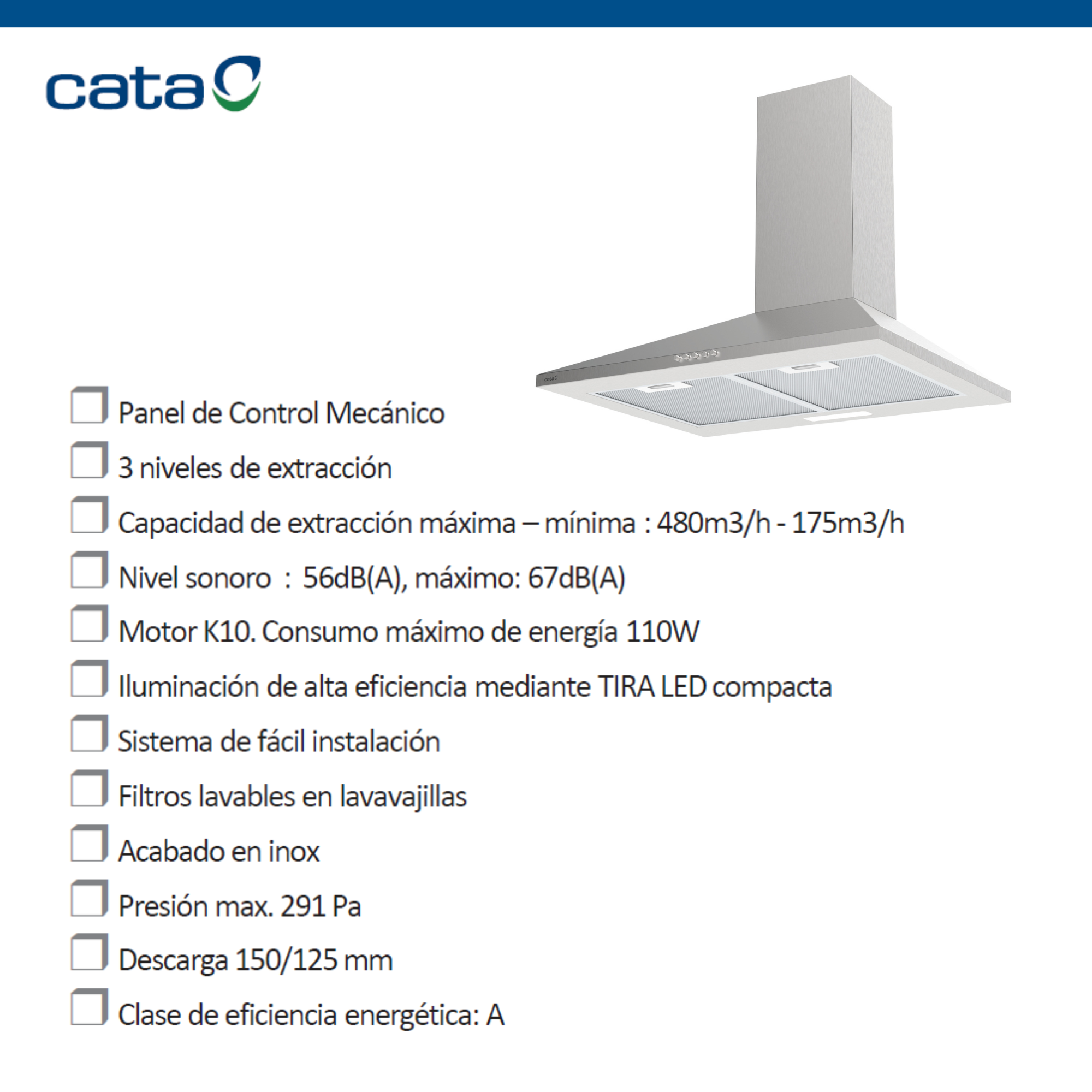 Una imagen de una campana extractora Cata con detalles de especificaciones y etiquetas de eficiencia energética.