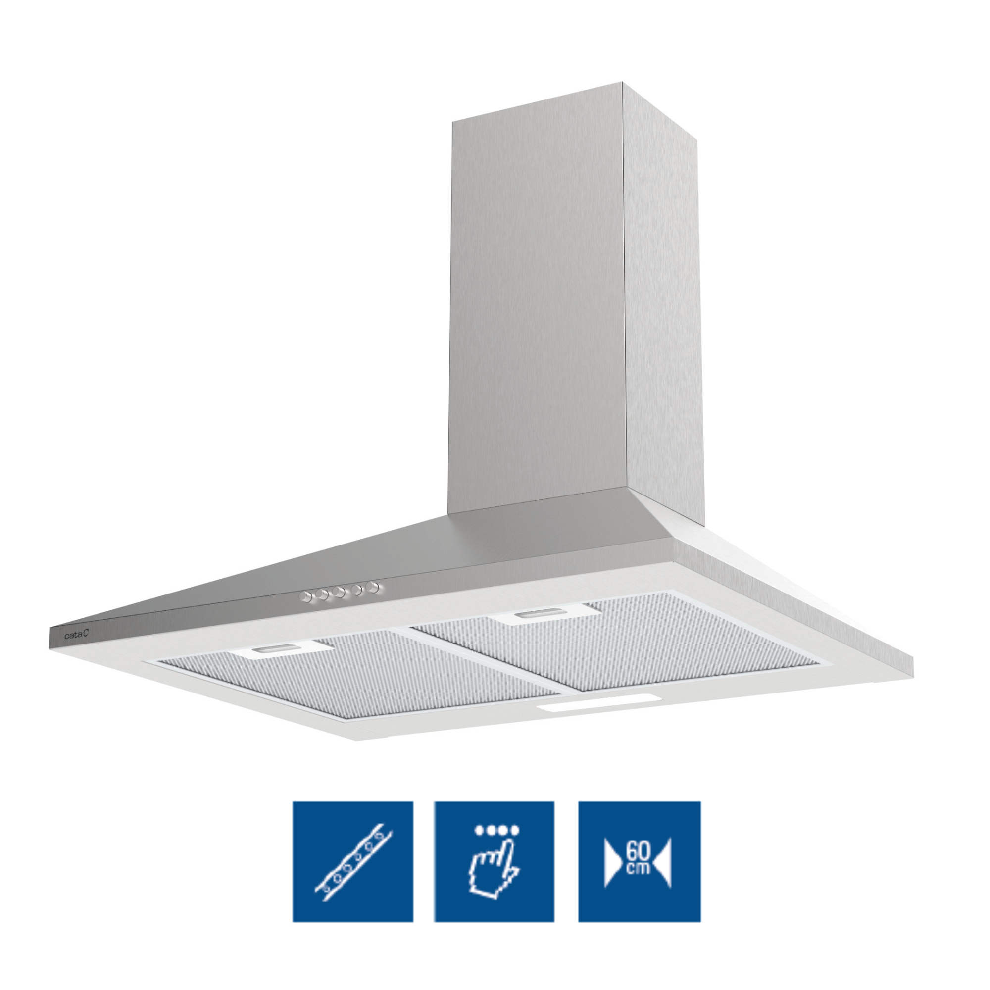 Campana extractora plateada con base blanca y tres iconos debajo.
