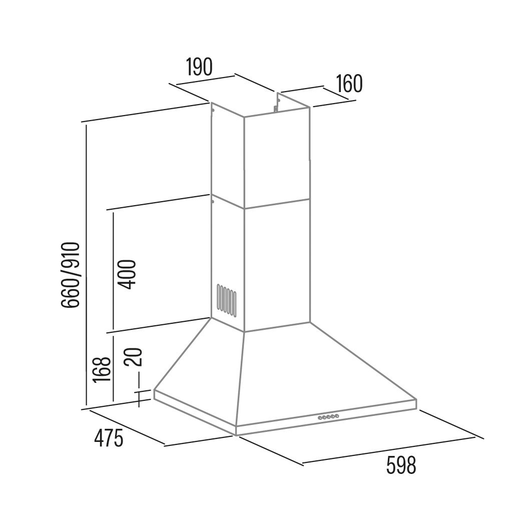Dibujo lineal de una campana extractora con dimensiones en mm. Es blanca y angular.