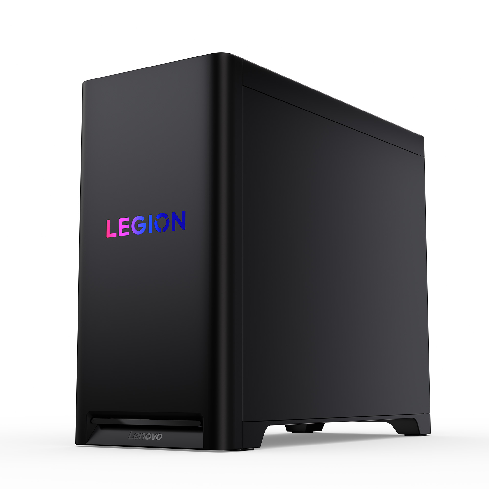Czarna obudowa komputera Legion z kolorowym napisem LEGION i logo Lenovo na dole.