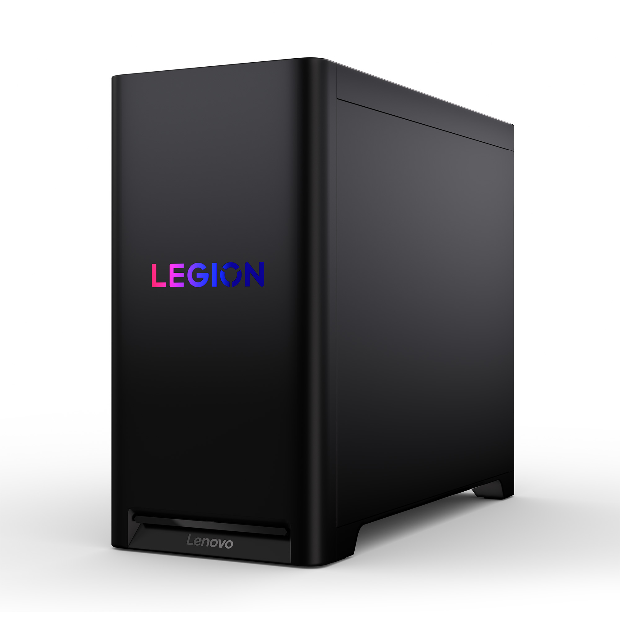 Czarny komputer do gier Lenovo Legion. Logo Legion pośrodku. Logo Lenovo na dole.