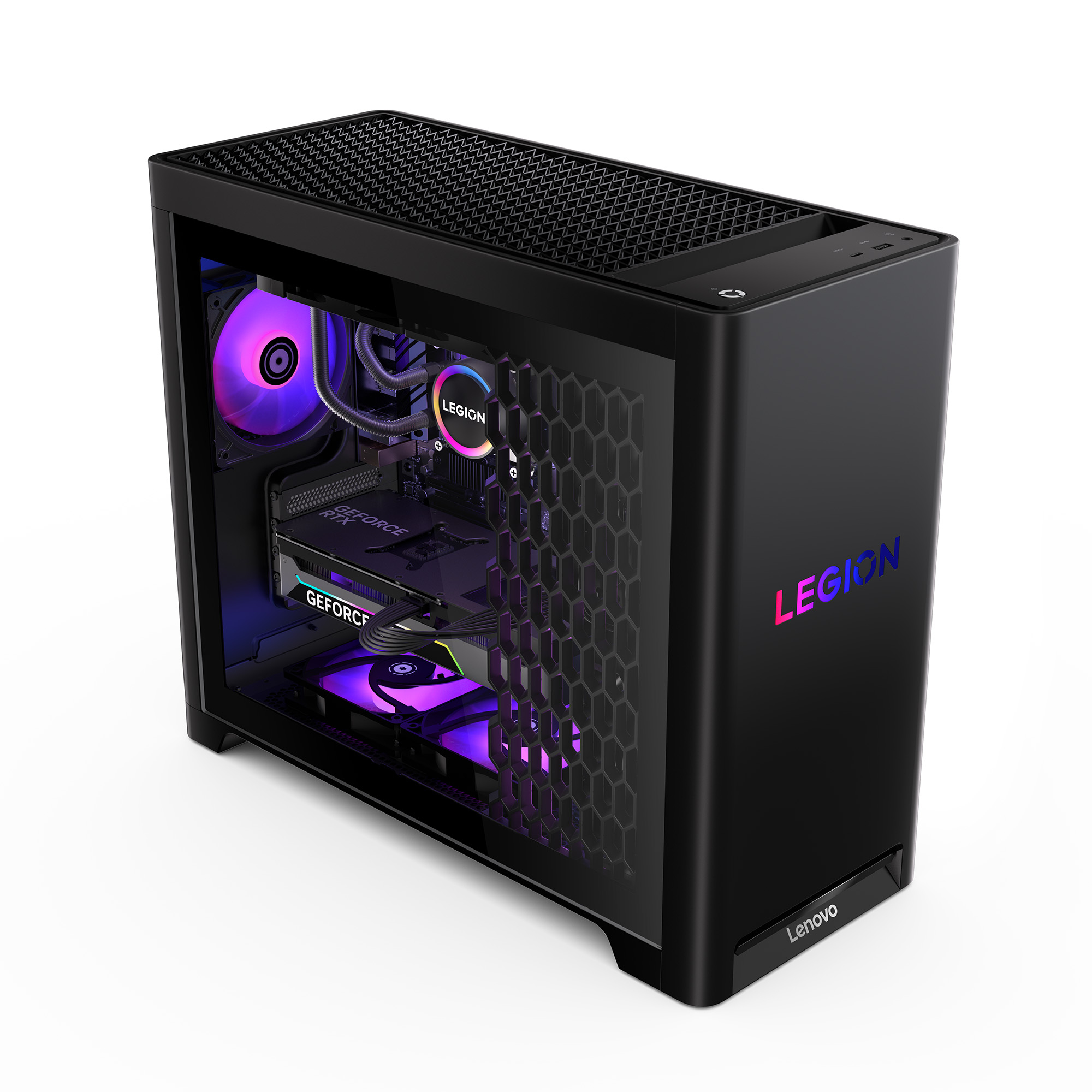 Un computer desktop Lenovo Legion nero con un pannello laterale in vetro.