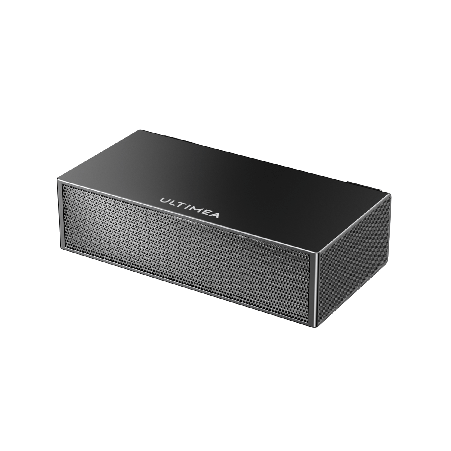 Czarny prostokątny głośnik z siatkowym przodem. Tło jest białe.