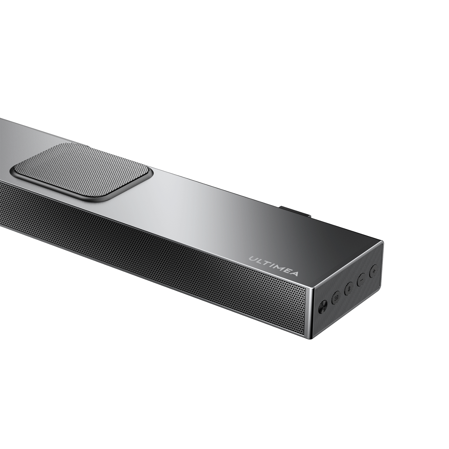 Srebrny soundbar z napisem "ULTIMEA" z przodu. Przyciski z boku.