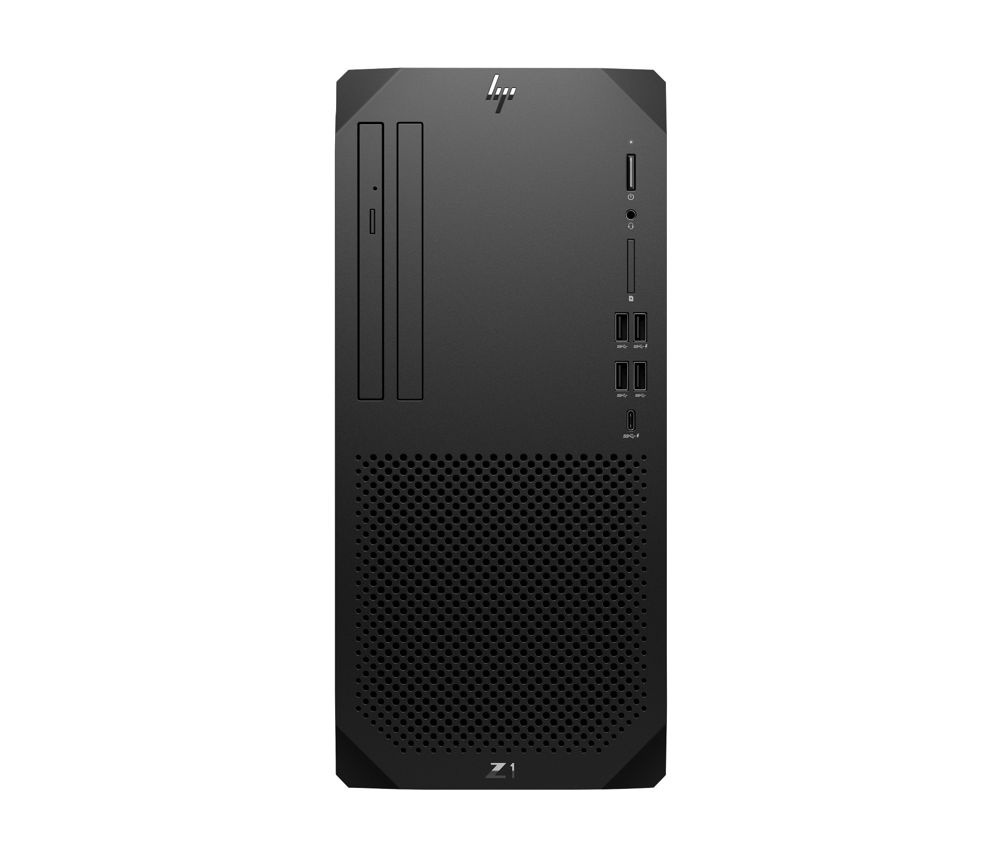 Case per computer desktop nero con porte, prese d'aria e slot frontali.