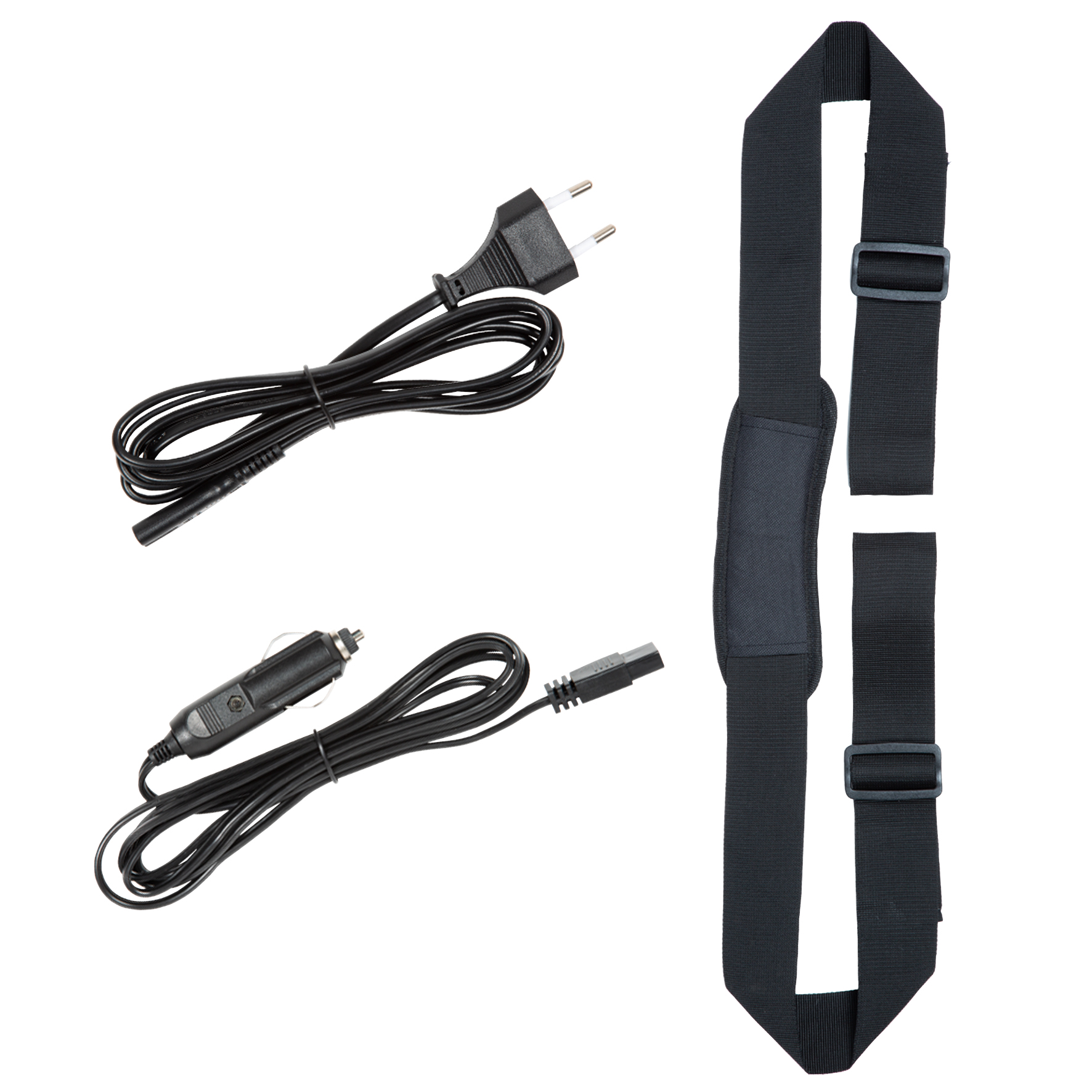 Kable i pasek do urządzenia, w tym wtyczka i ładowarka samochodowa, na białym tle.