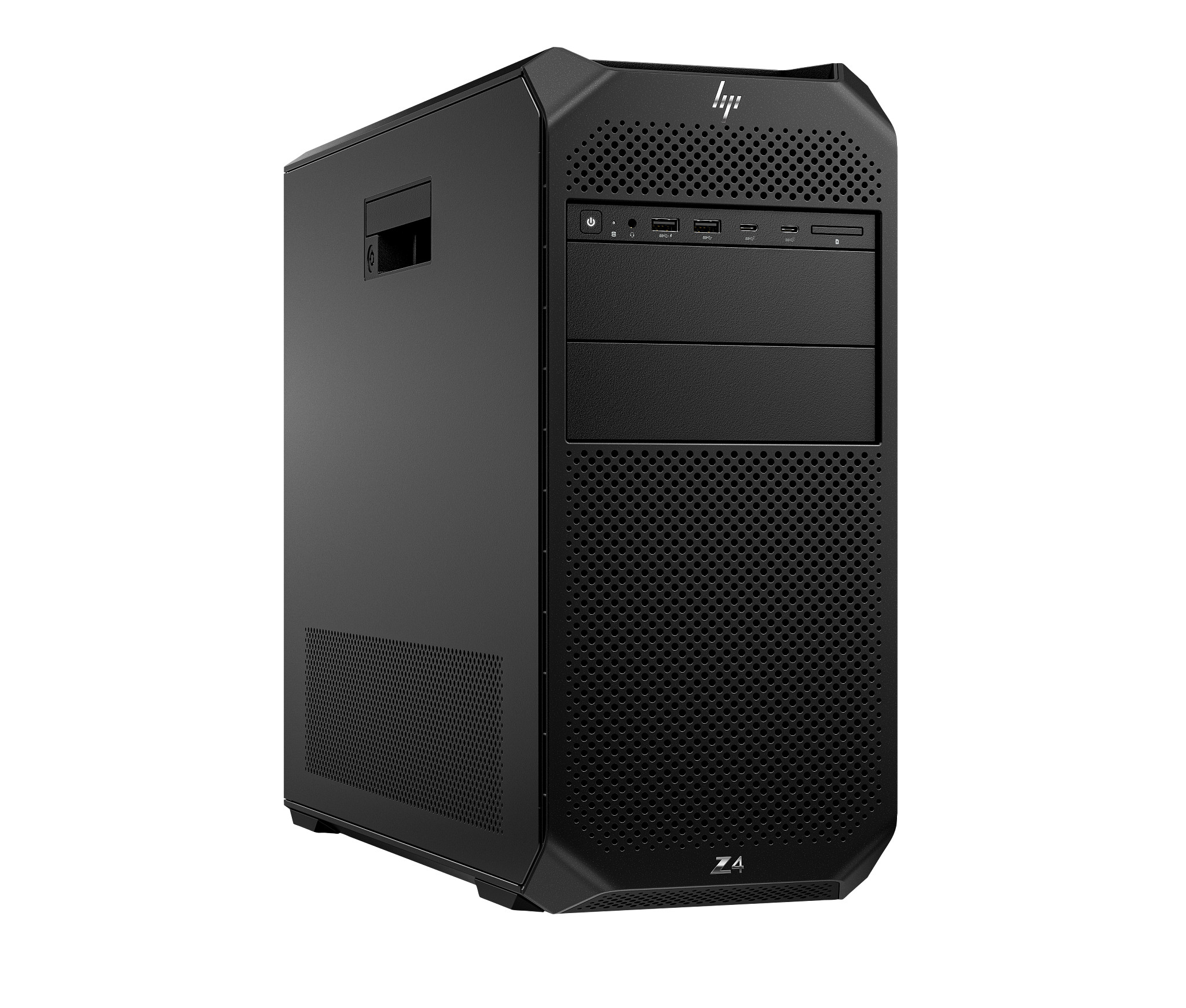 Black HP Z workstation with mesh front panel and HP logo.