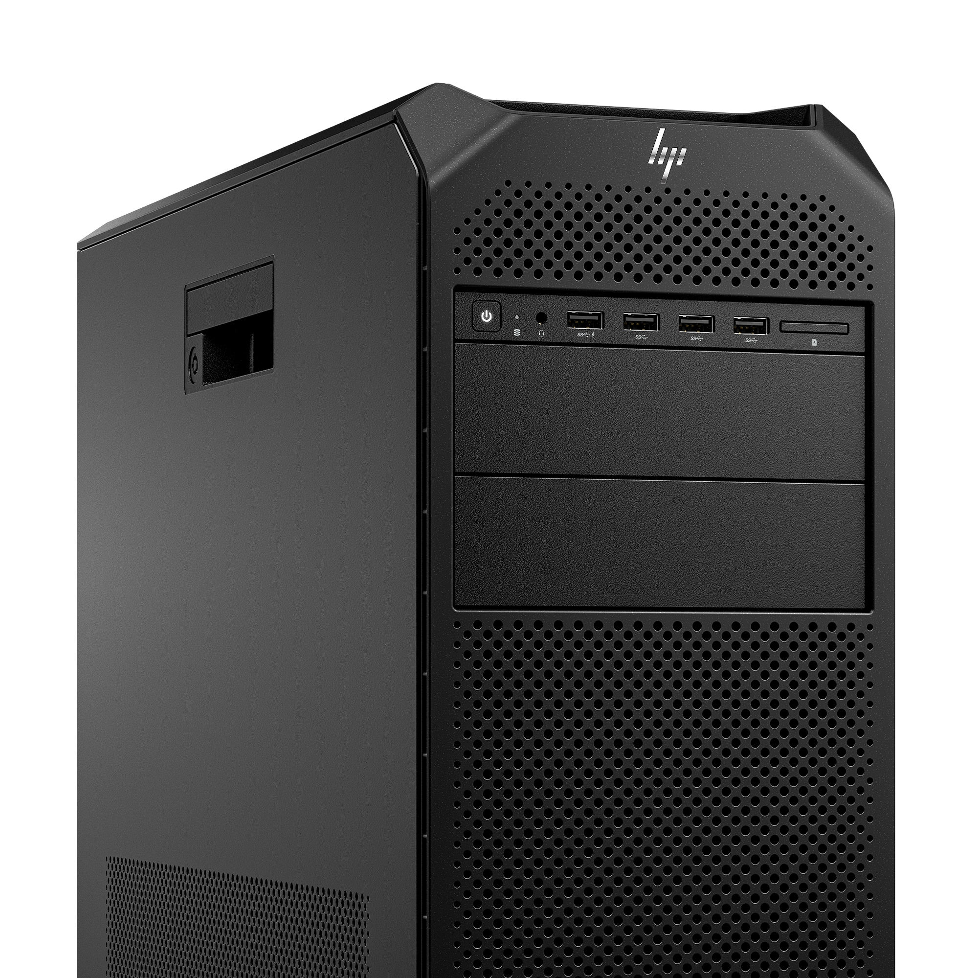 Ordenador HP Z8 workstation negro, vista en ángulo. Cuenta con un panel frontal perforado y puertos. El logotipo de HP es visible.