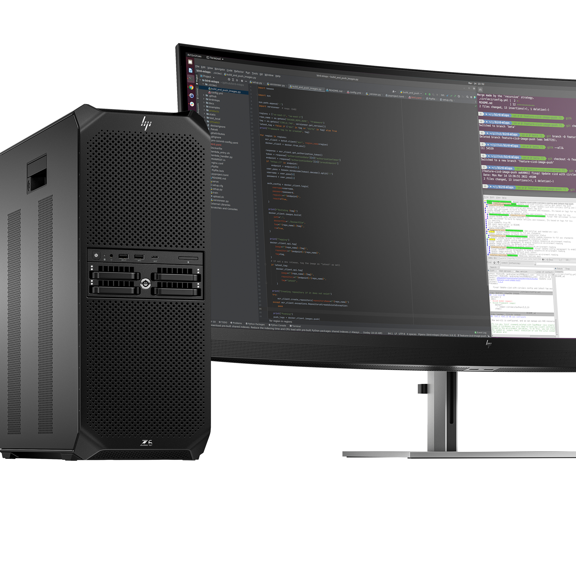 Schwarzer HP Z8 Workstation-Computer mit Monitor, der Code anzeigt. Monitor und Computer stehen auf einem Schreibtisch.