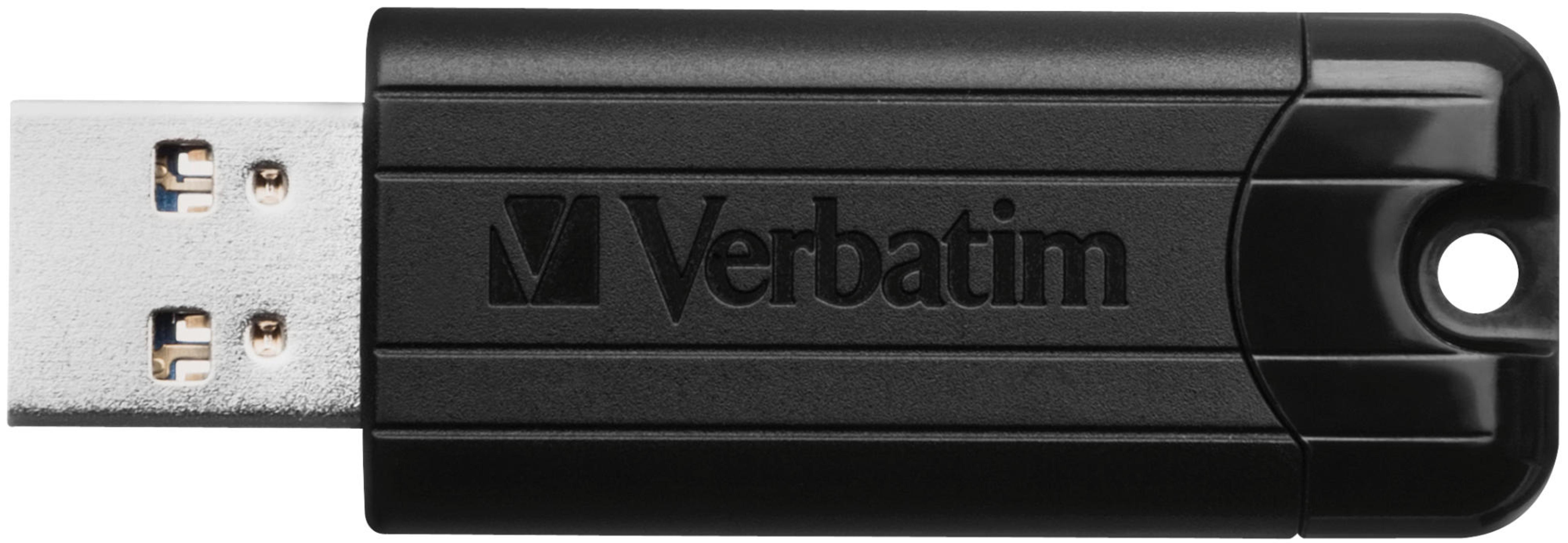 Czarny pendrive z logo 'Verbatim'. Posiada srebrne złącze USB.