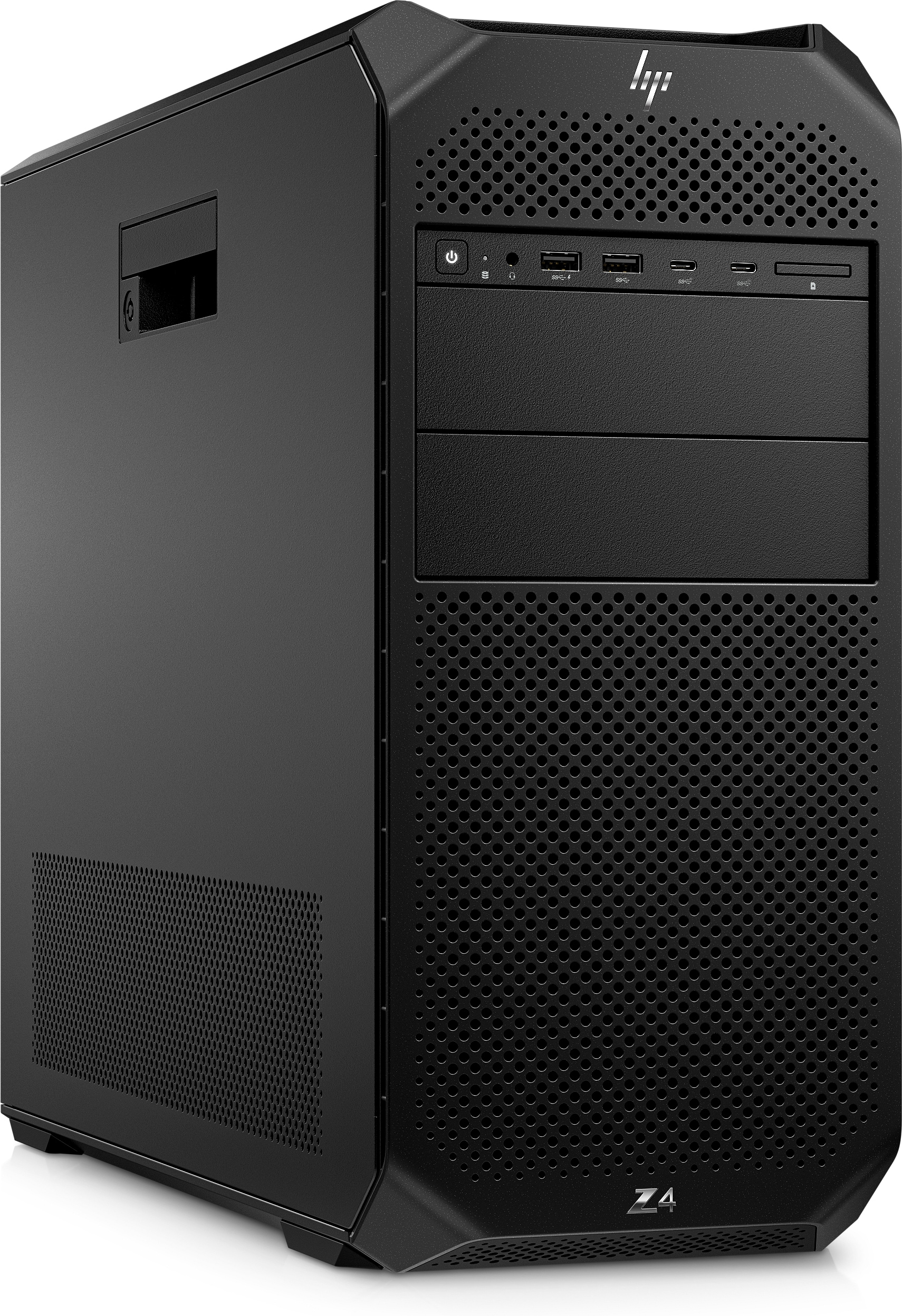 Zwarte desktopcomputer. De voorkant heeft een geperforeerd ontwerp en het HP-logo.