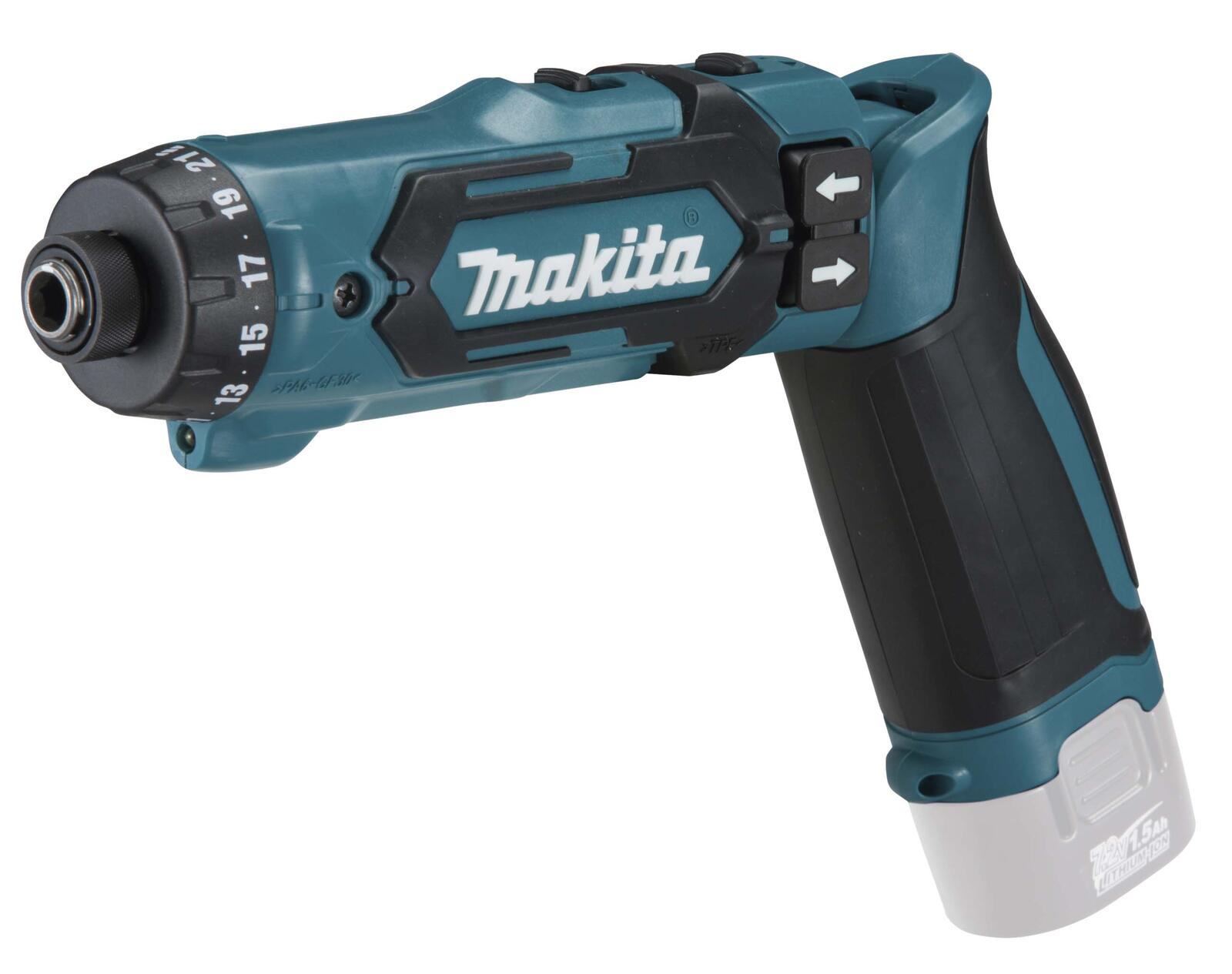 Un avvitatore a batteria Makita blu petrolio con impugnature nere e collare di regolazione.